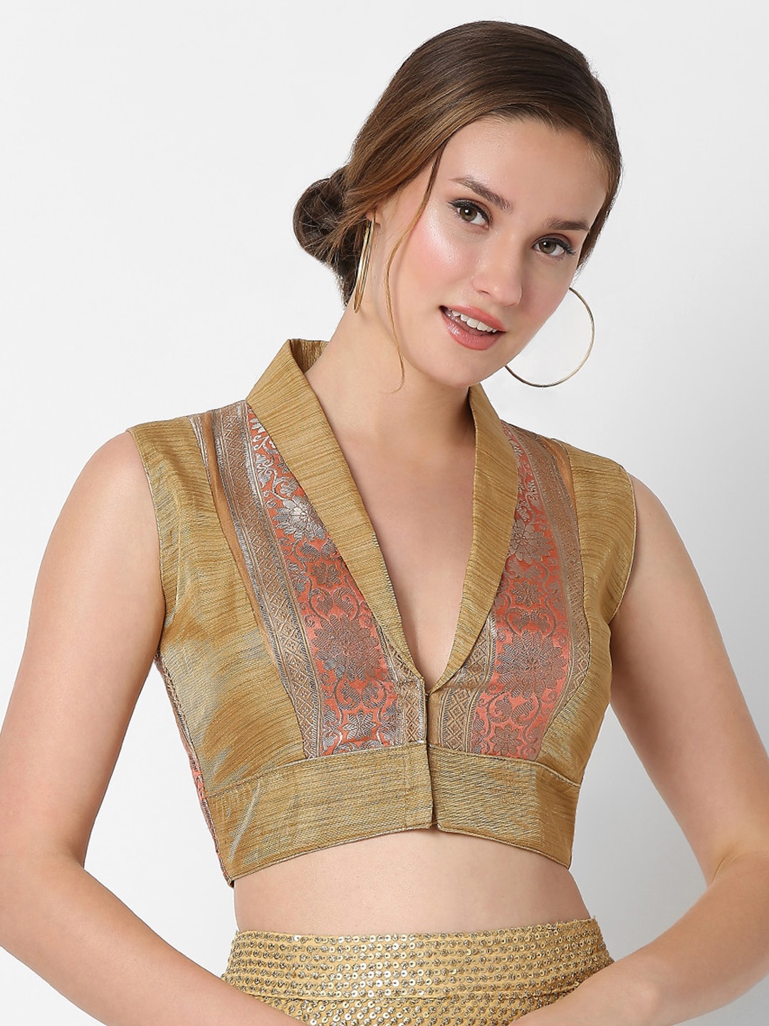 

SALWAR STUDIO Women Gold Coloured Embroidered Saree Blouse