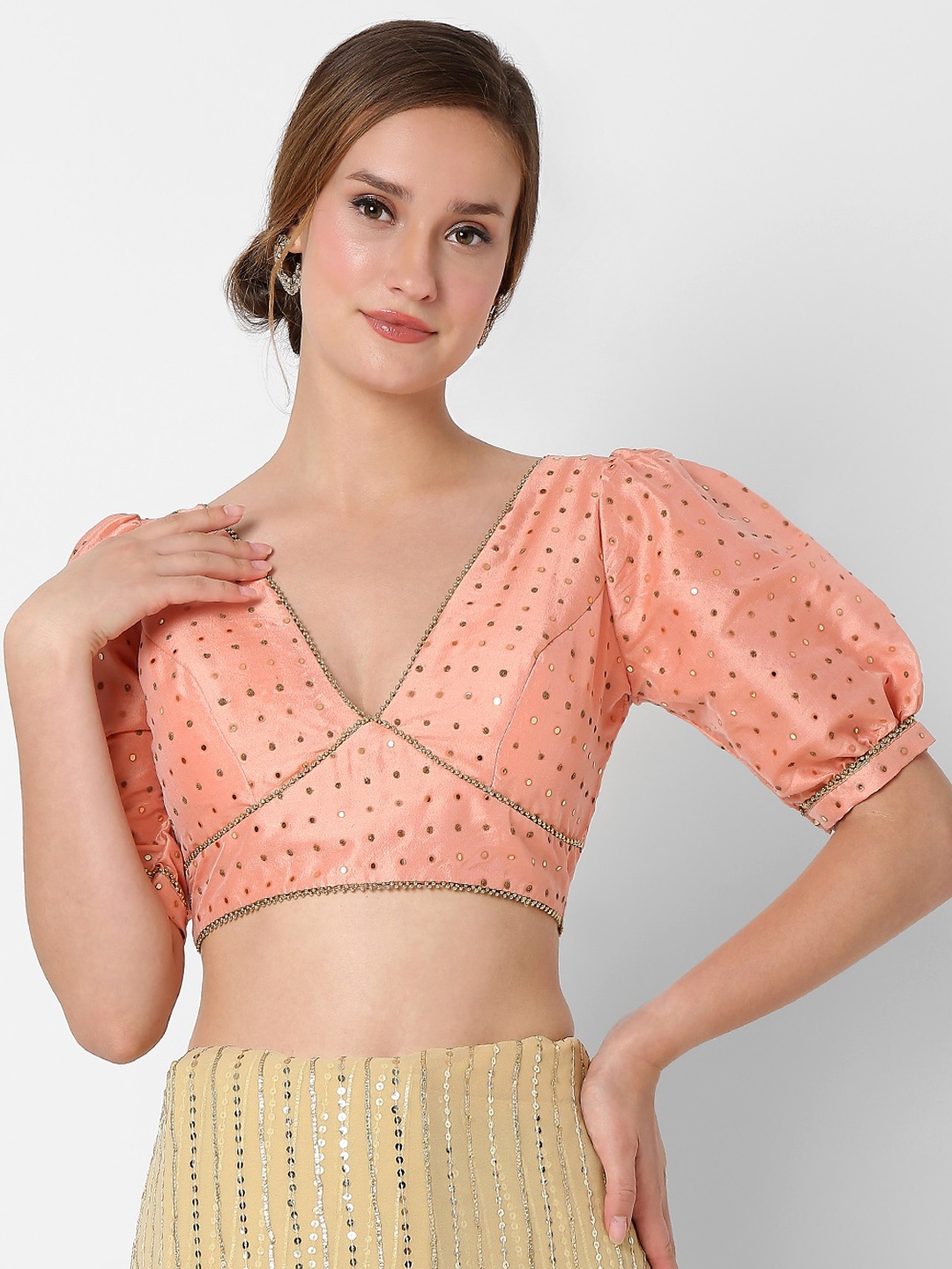 

SALWAR STUDIO Pink & Gold-Colored Embroidered Saree Blouse