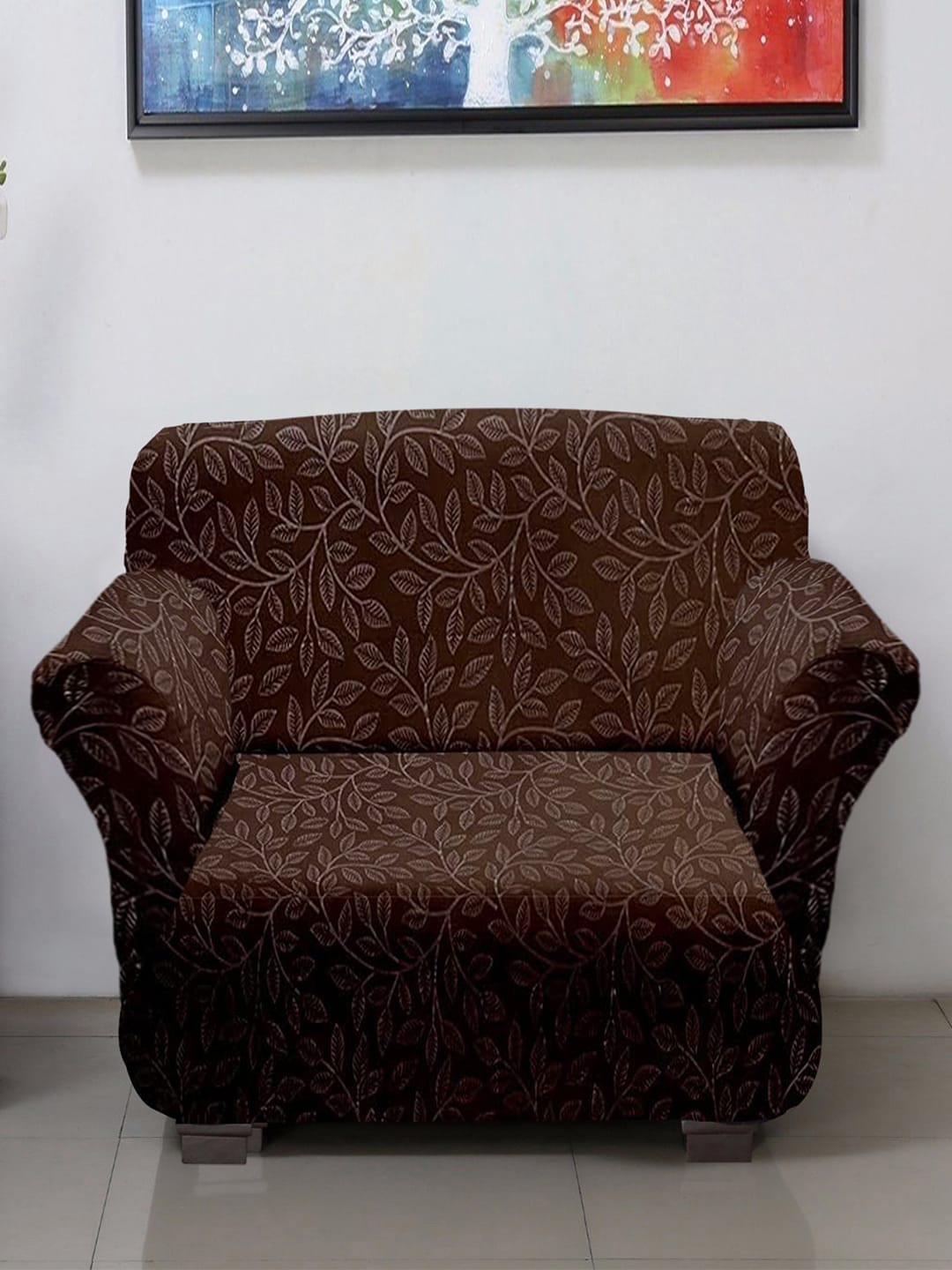 

Kuber Industries Brown Printed Single- Seater Sofa Cover With Foam Stick