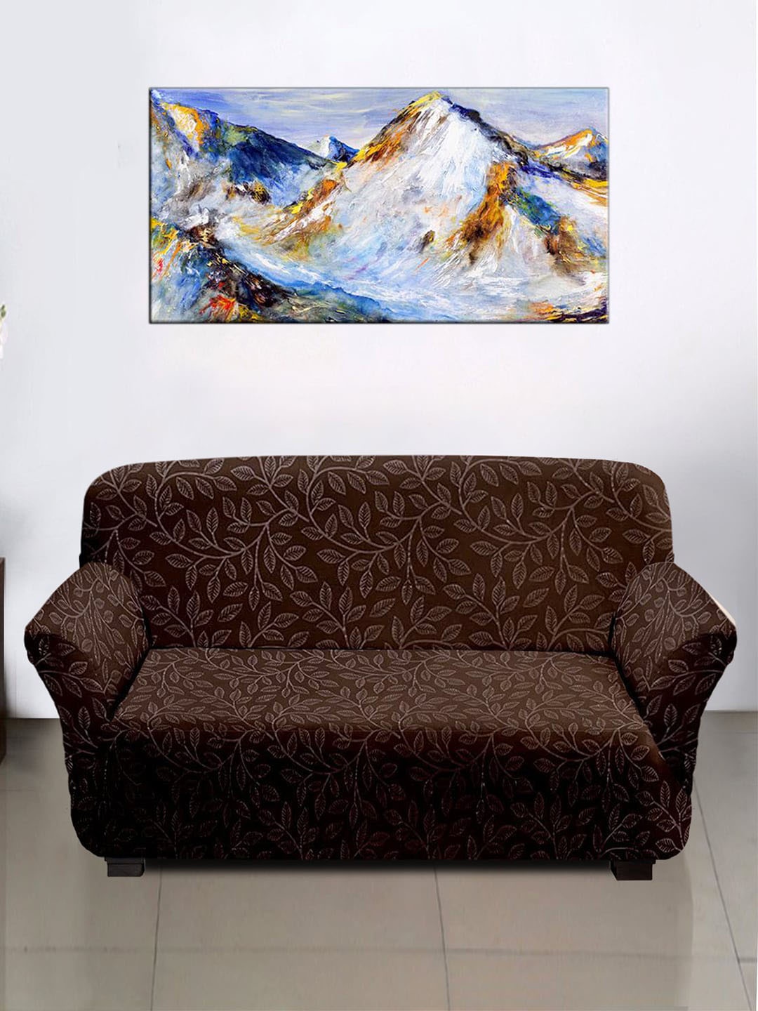 

Kuber Industries Brown Leaf Printed Stretchable 3 Seater Sofa Cover With Foam Stick