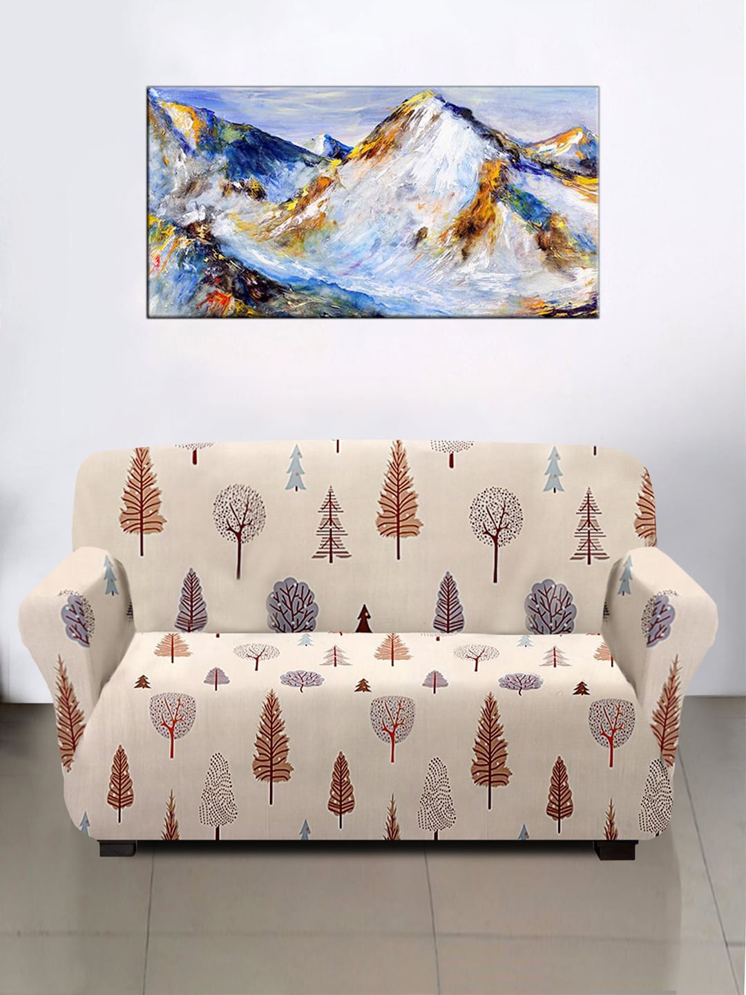 

Kuber Industries Set of 2 Leaf Printed 3 Seater Sofa Covers With Foam, Cream