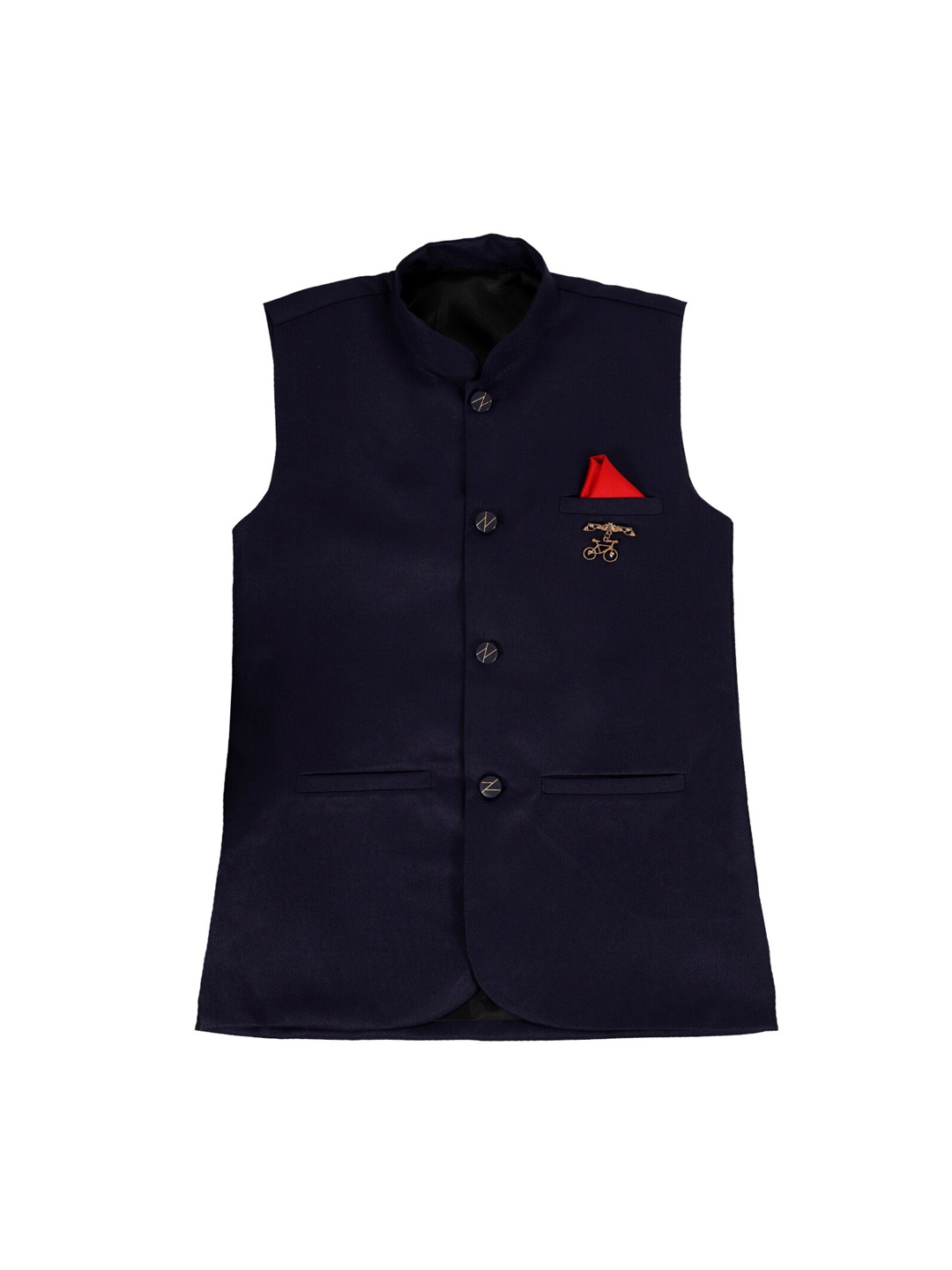 

FOURFOLDS Boys Navy Blue Woven Design Cotton Blend Nehru Jacket