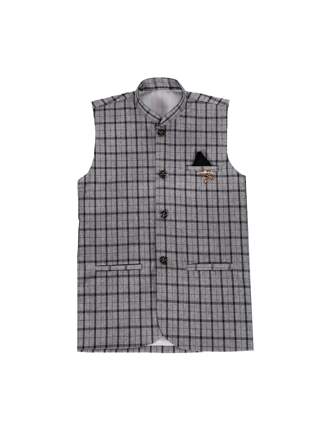 

FOURFOLDS Boys Checked Mandarin Collar Sleeveless Nehru Jacket, Grey