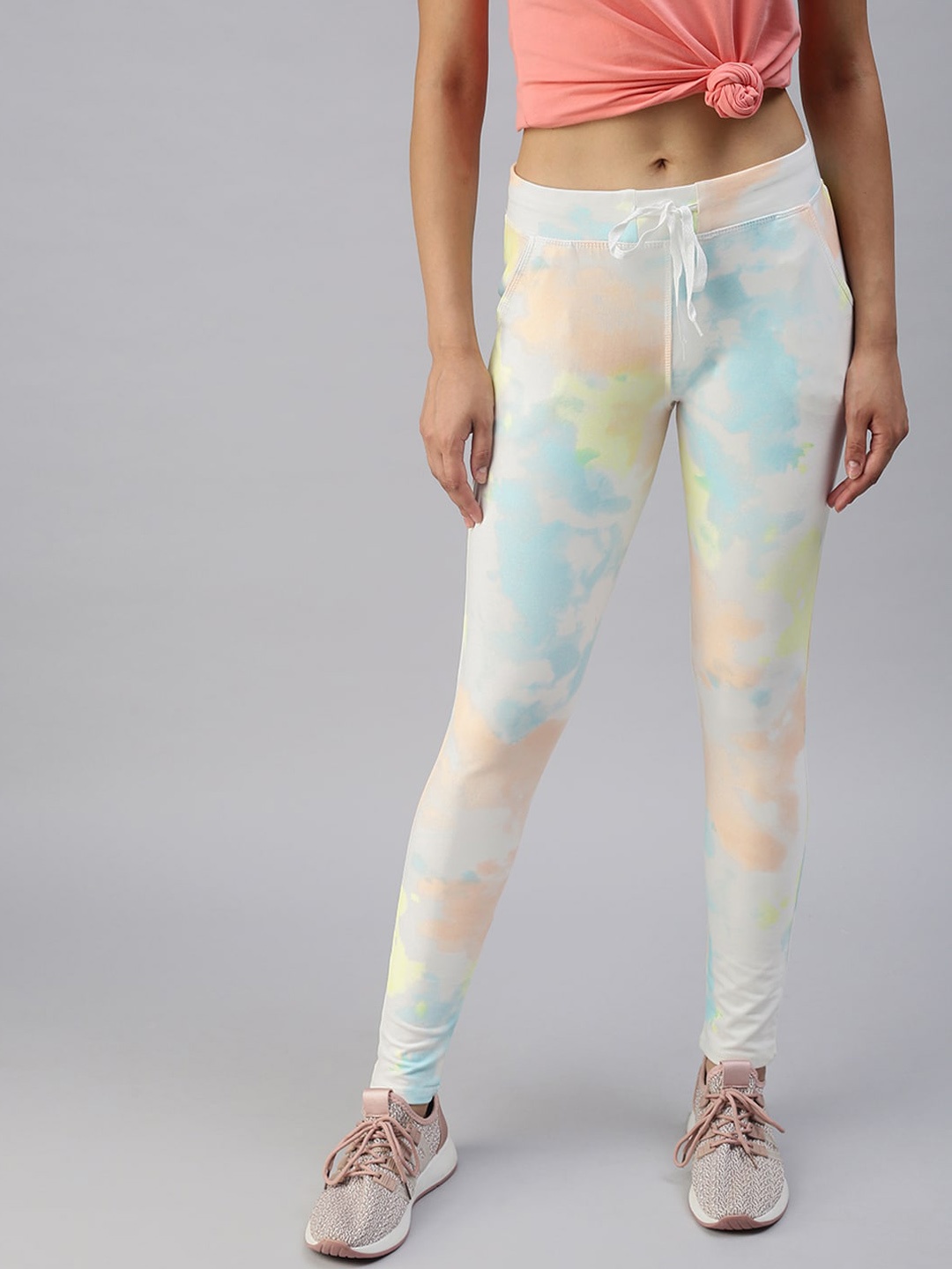 

SHOWOFF Women White & Blue Tie & Dye Printed Slim-Fit Cotton Track Pants