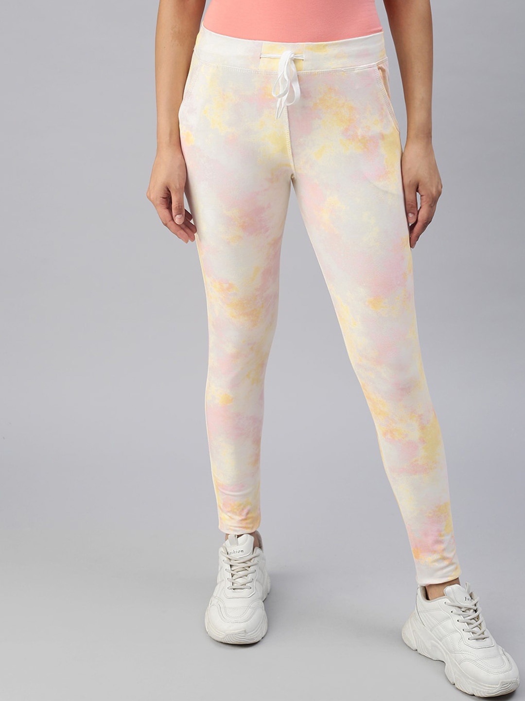 

SHOWOFF Women Yellow Tie & Dye Printed Cotton Slim-Fit Track Pants