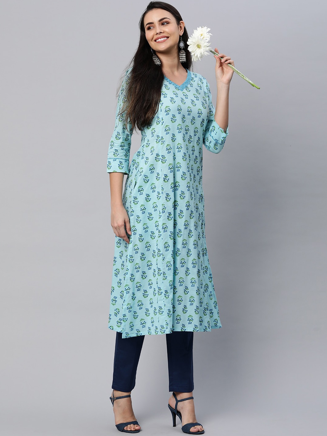 

KAMI KUBI Women Blue Ethnic Motifs Printed Thread Work Anarkali Kurta 100% cotton