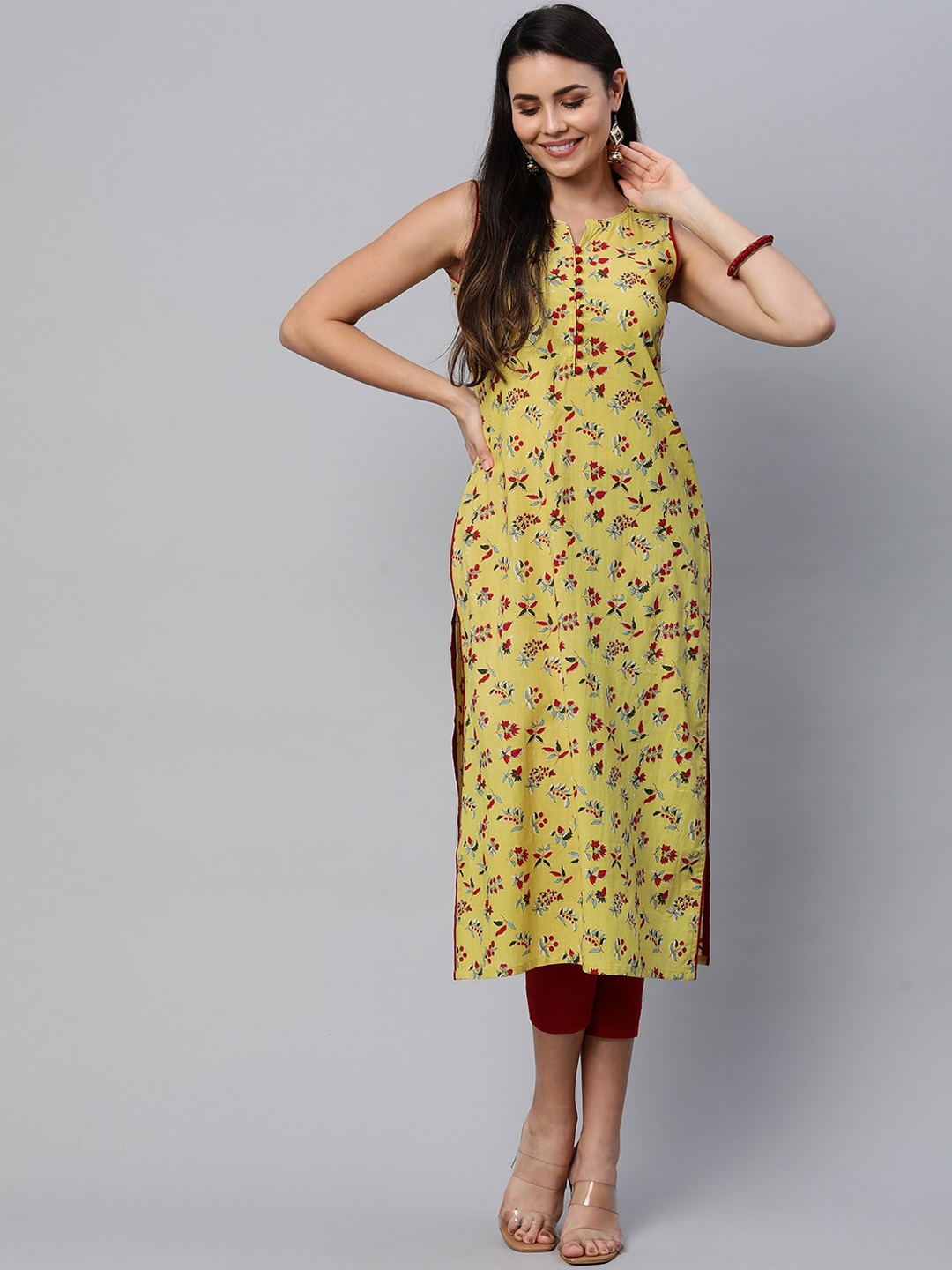 

KAMI KUBI Women Yellow Floral Printed Kurta