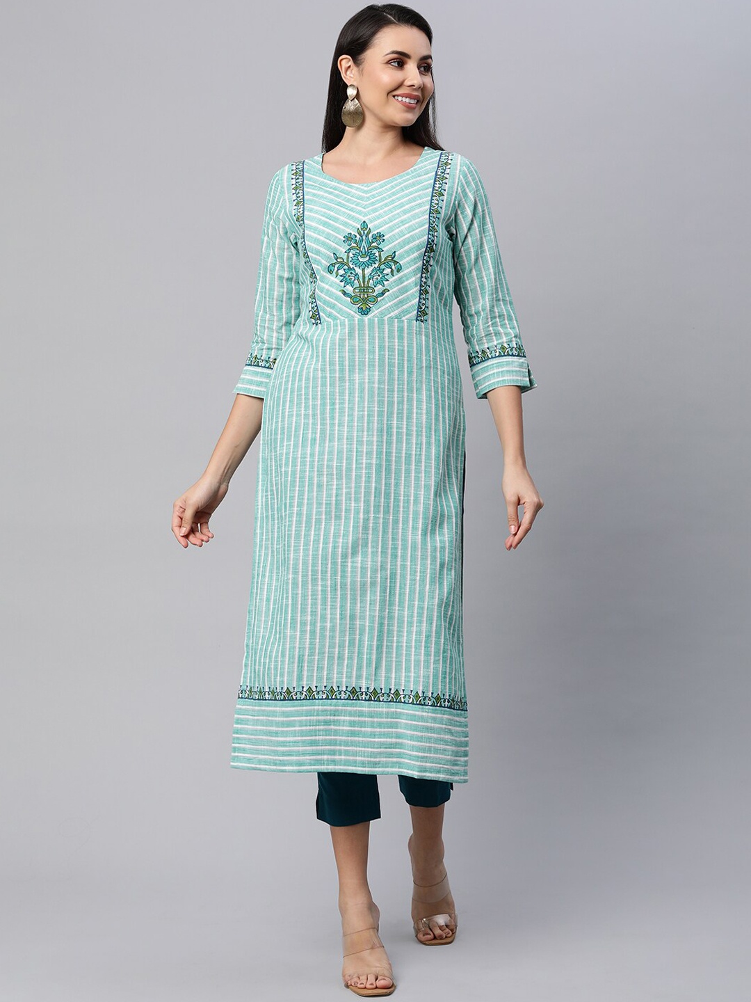 

KAMI KUBI Women Green Striped Thread Work Kurta