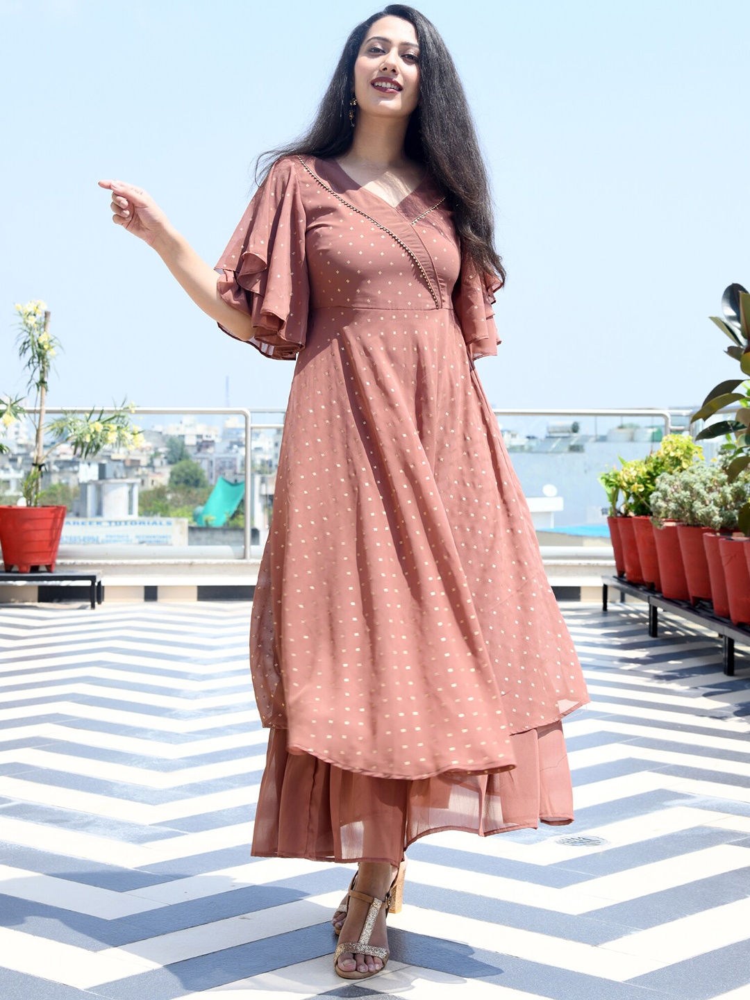 

mulmul.com Brown Layered Maxi Dress