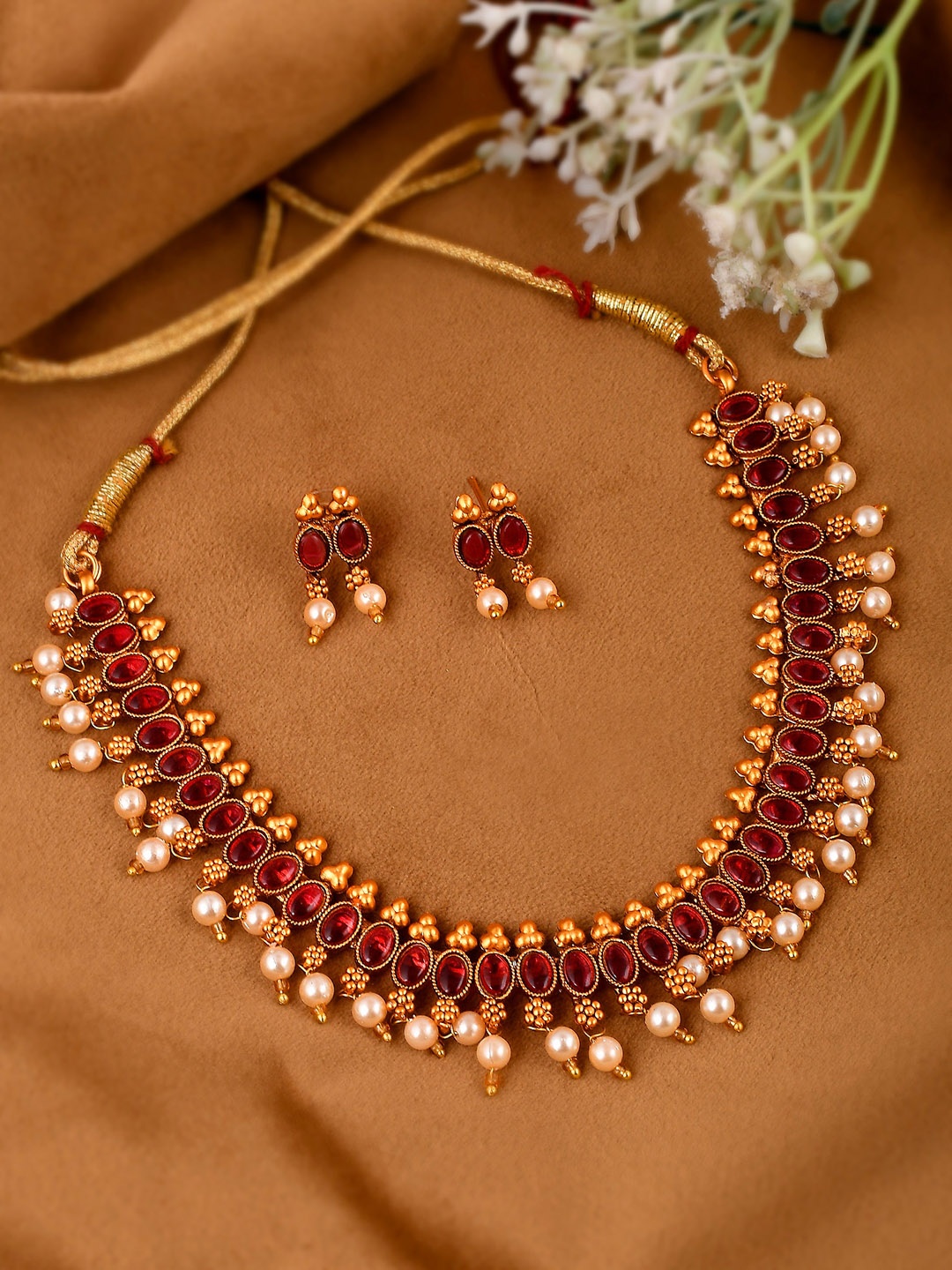 

Shoshaa Gold-Plated White & Pink Stone-Studded Beaded Jewellery Set