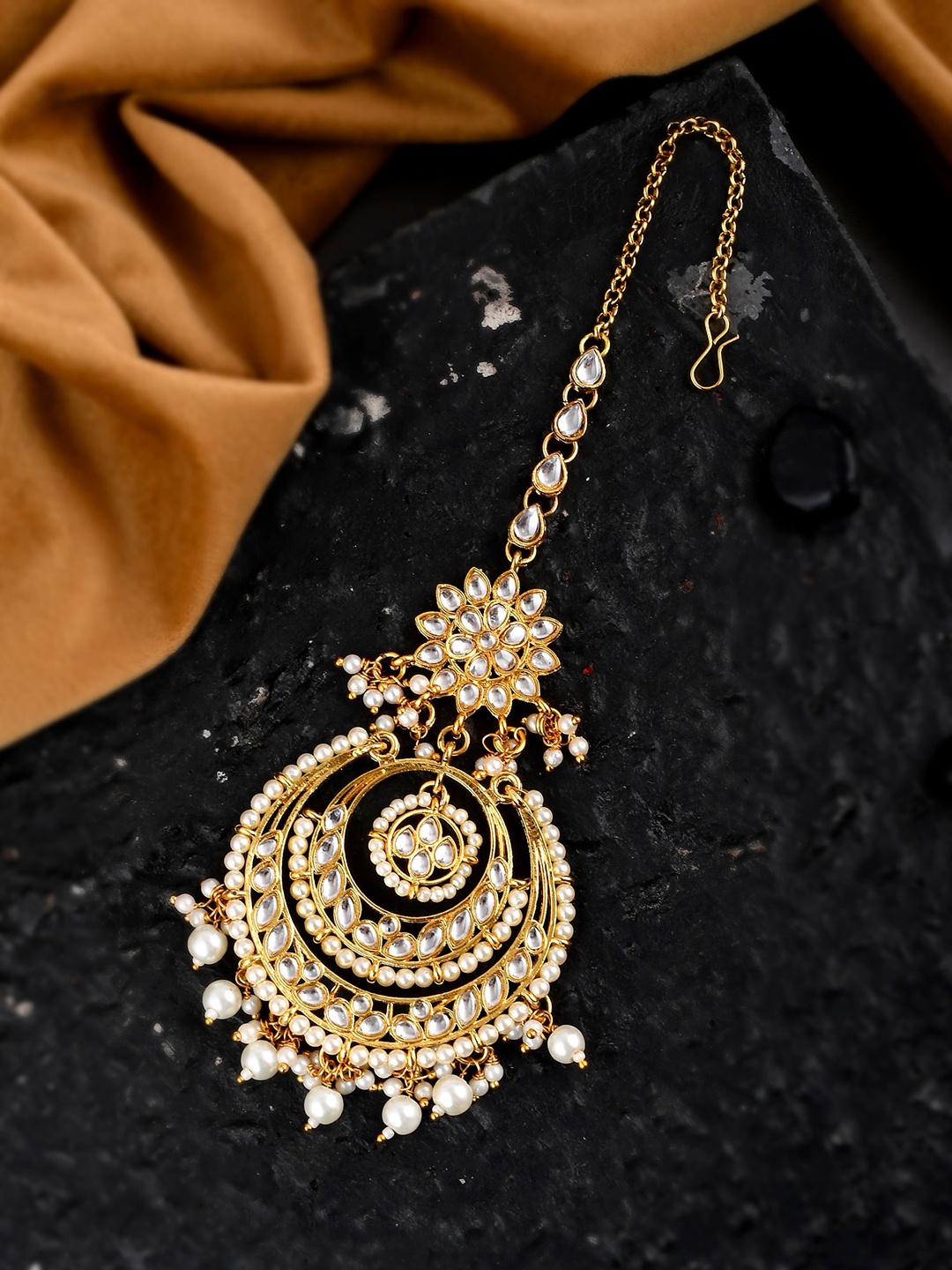 

Shoshaa Gold-Plated White Stone-Studded & Beaded Maang Tikka
