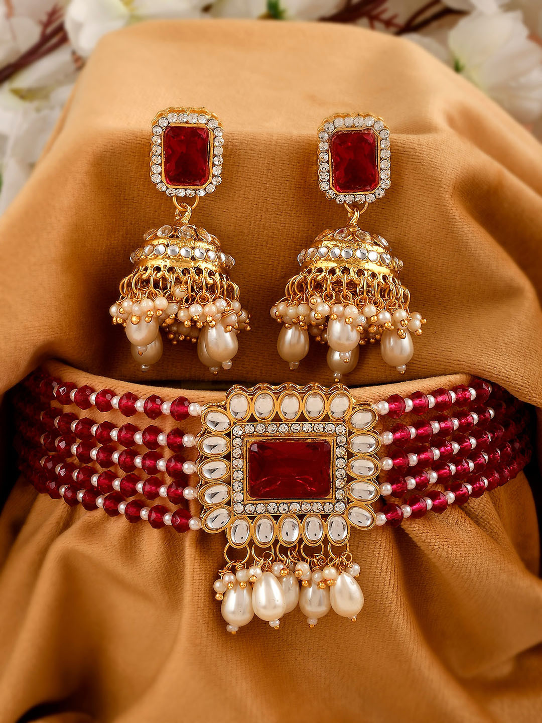 

Shoshaa Gold-Plated White & Pink Stone-Studded Beaded Jewellery Set