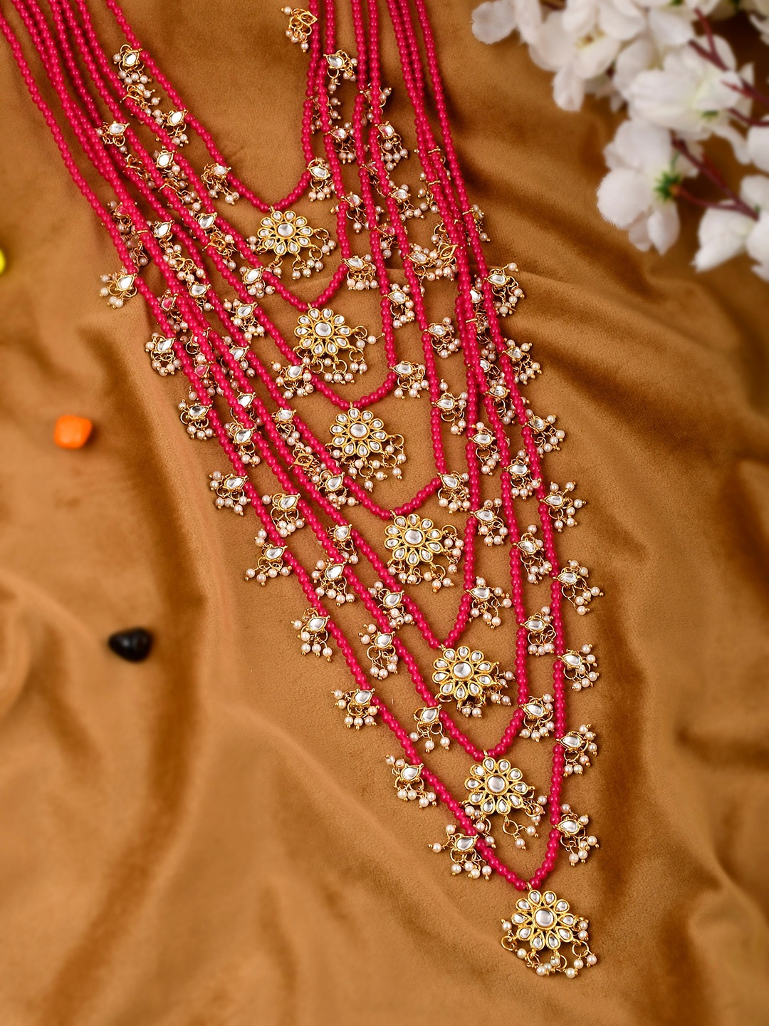 

Shoshaa Gold-Plated Magenta Kundan Studded & Beaded Multistrand Necklace