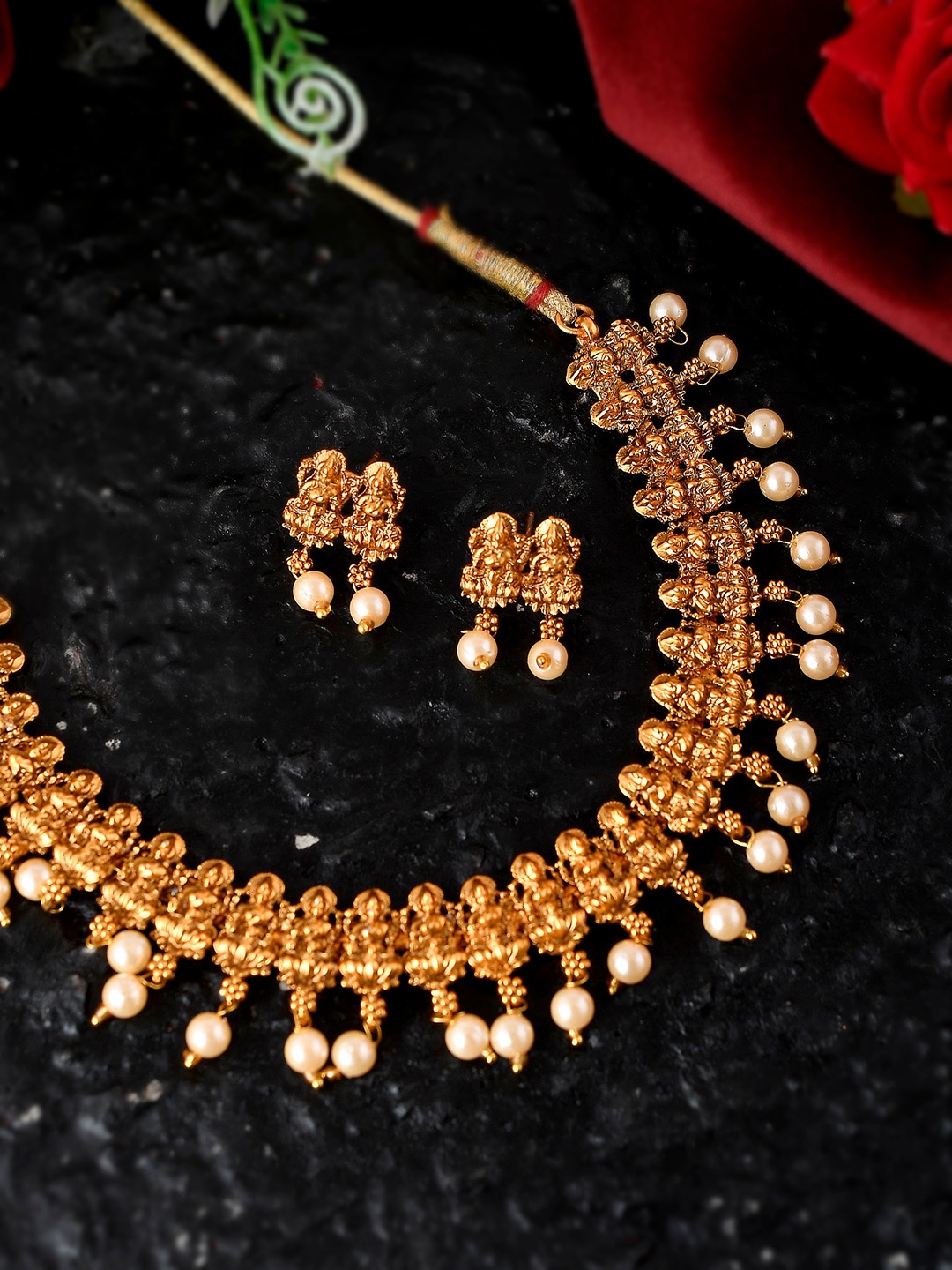 

Shoshaa Gold-Plated Green & Pink Stones-Studded & Beaded Jewellery Set