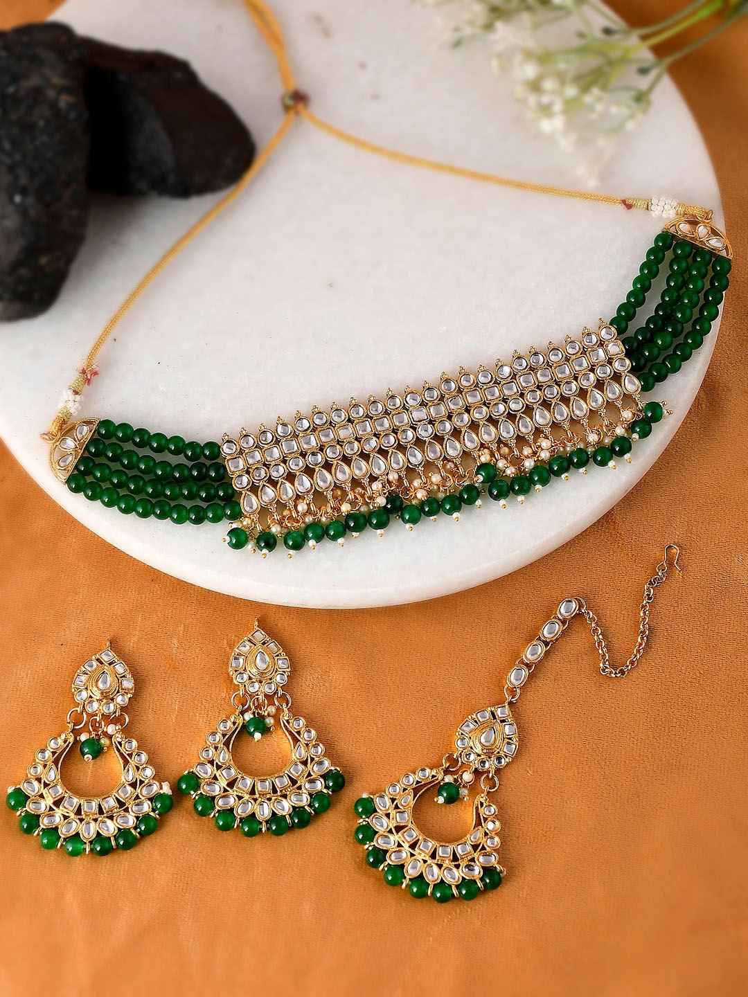 

Shoshaa Gold-Plated Green & White Kundan Studded & Beaded Handcrafted Jewellery Set