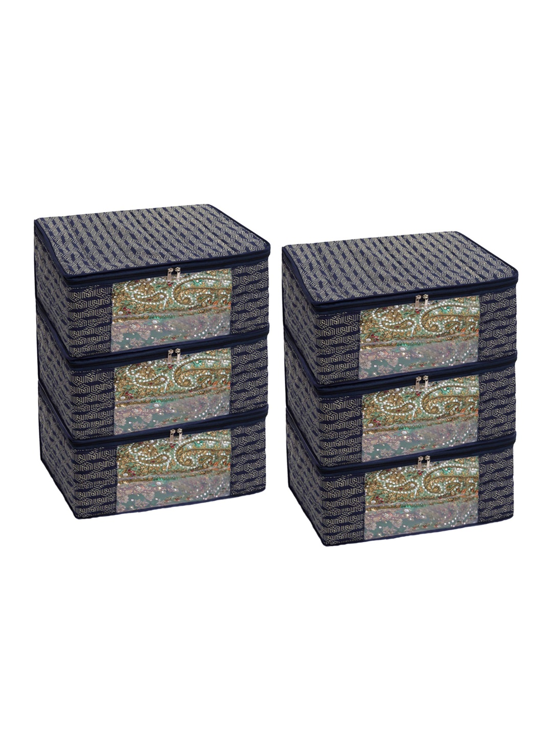 

HOMESTRAP Set of 6 Cotton Quilted 3 Layered Saree Covers with Transparent Window And Zip, Navy blue