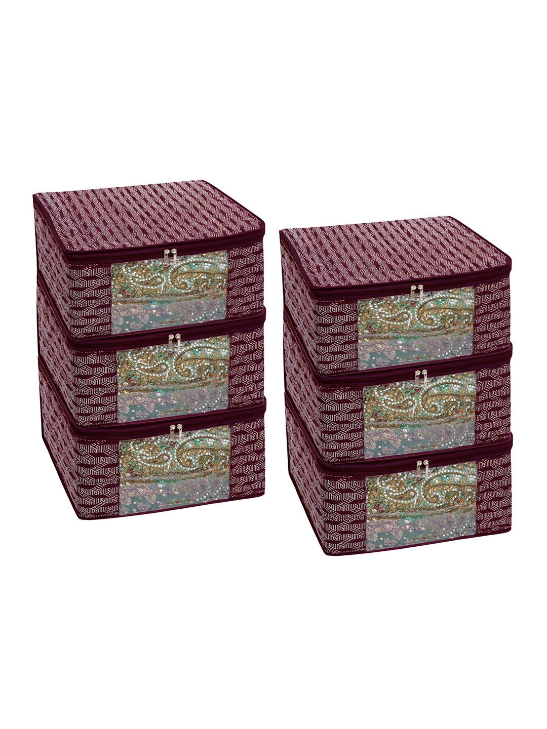 

HOMESTRAP Set of 6 Cotton Quilted 3 Layered Saree Covers with Transparent Window And Zip, Maroon