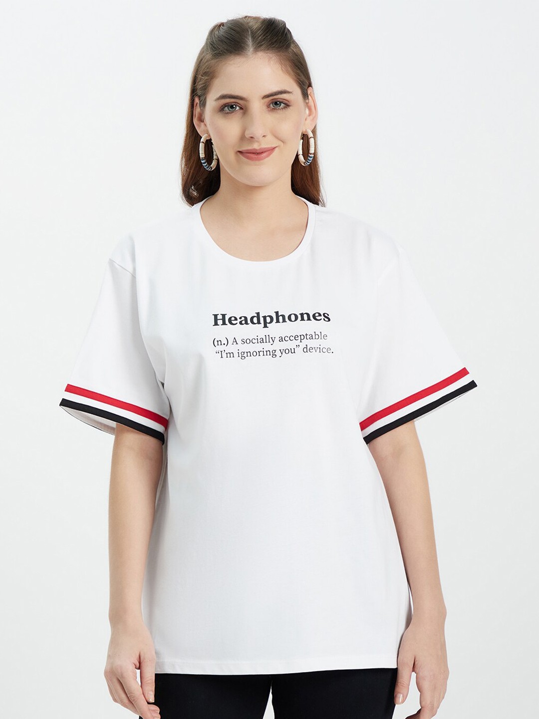 

EDRIO Women White Typography Applique Oversized T-shirt