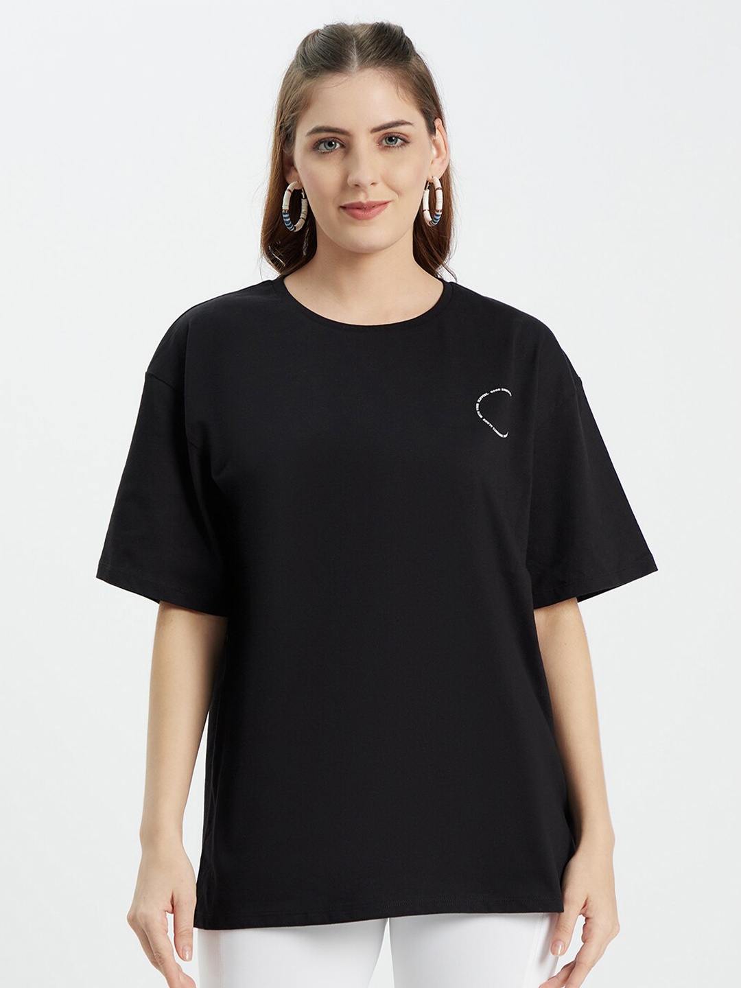 

EDRIO Women Black Drop-Shoulder Sleeves Oversized T-shirt
