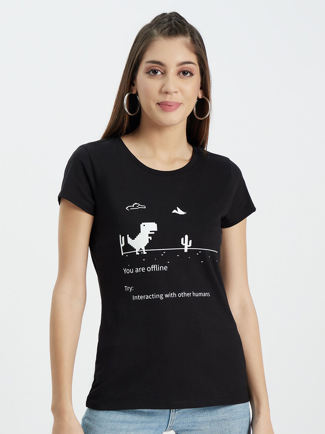 

EDRIO Women Black Printed T-shirt