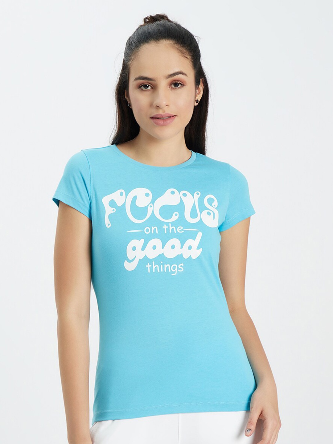 

EDRIO Women Blue Typography Printed Applique T-shirt