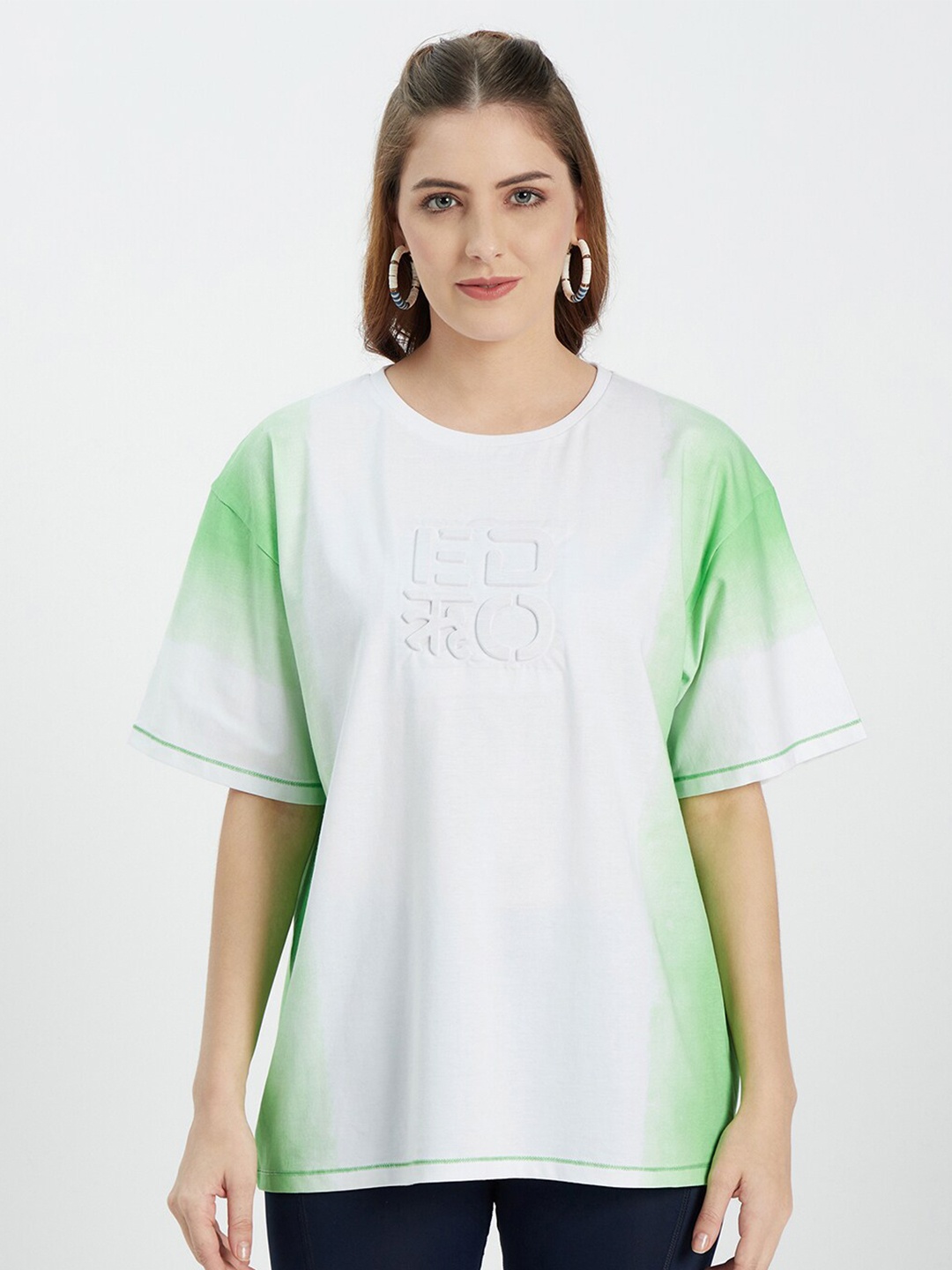 

EDRIO Women Green Typography Printed Applique Oversized T-shirt