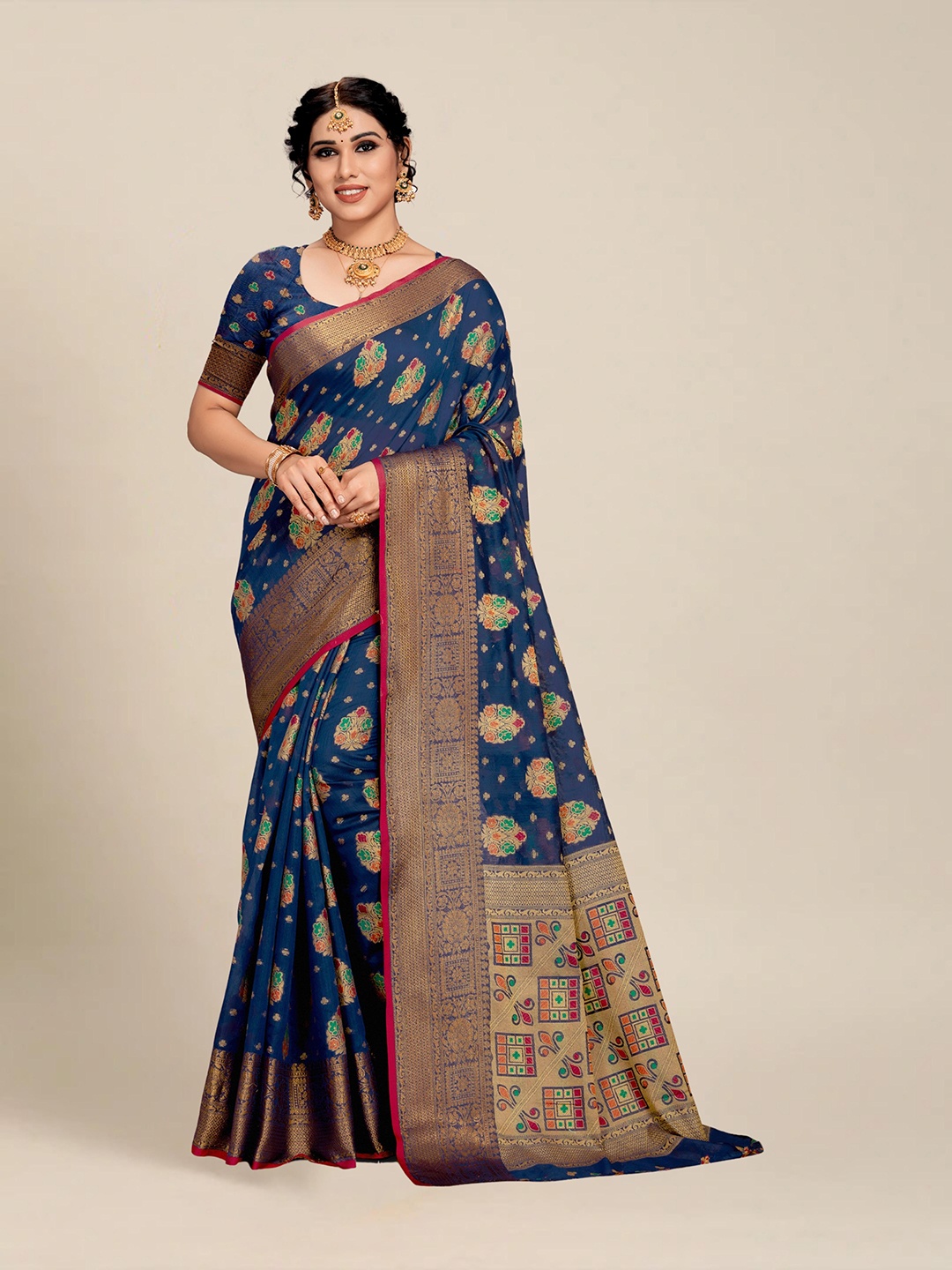 

MS RETAIL Navy Blue & Gold-Toned Woven Design Zari Pure Cotton Chanderi Saree
