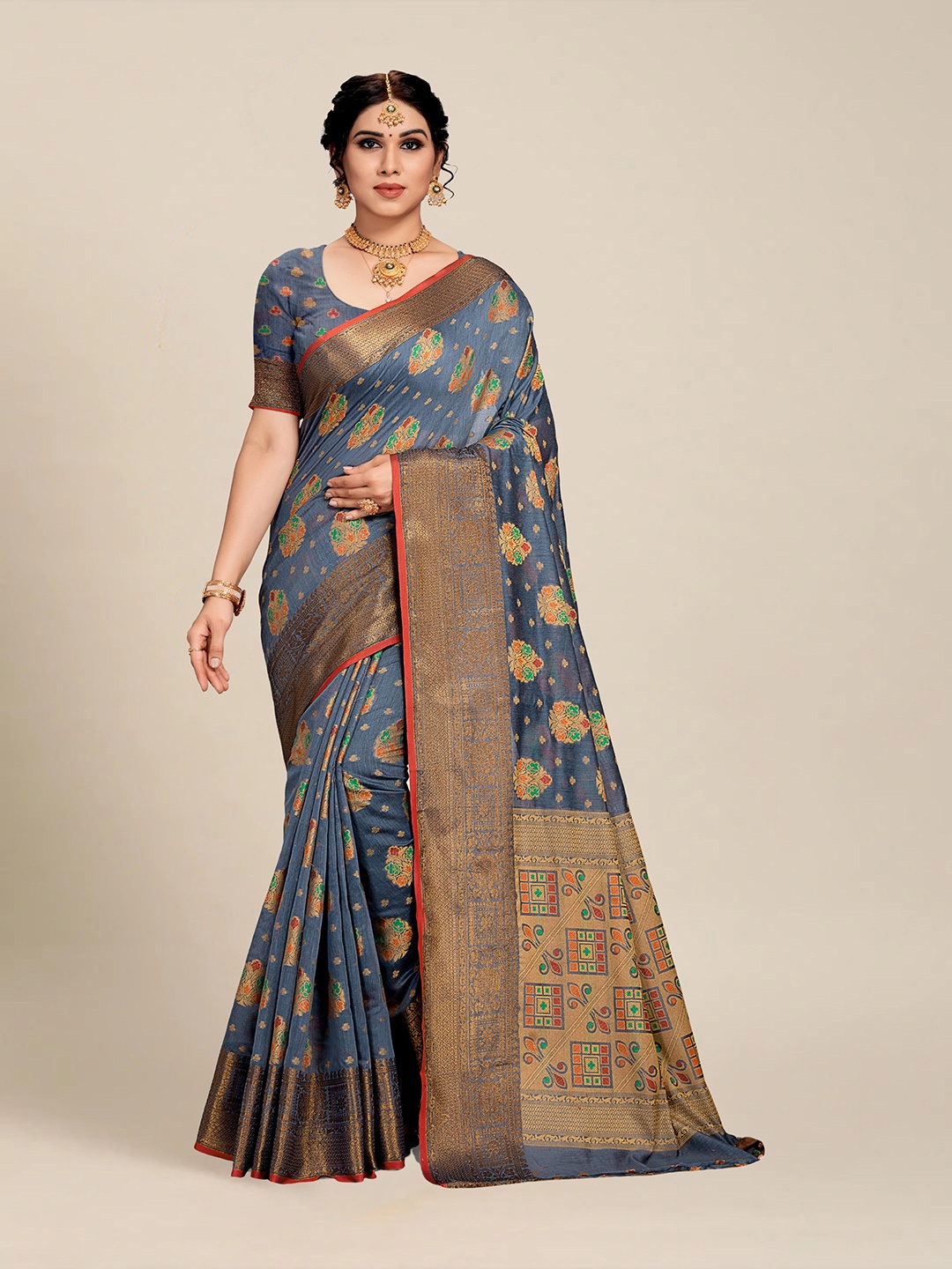 

MS RETAIL Grey & Red Woven Design Pure Cotton Chanderi Saree