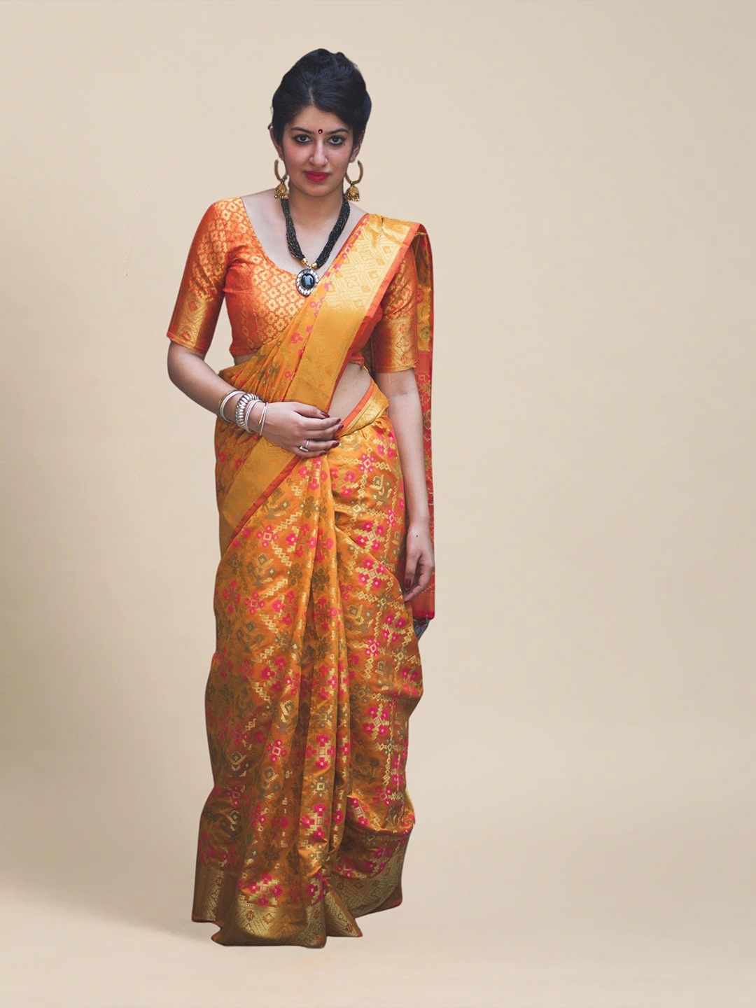 MS RETAIL Orange & Pink Ethnic Motifs Zari Silk Blend Patola Saree