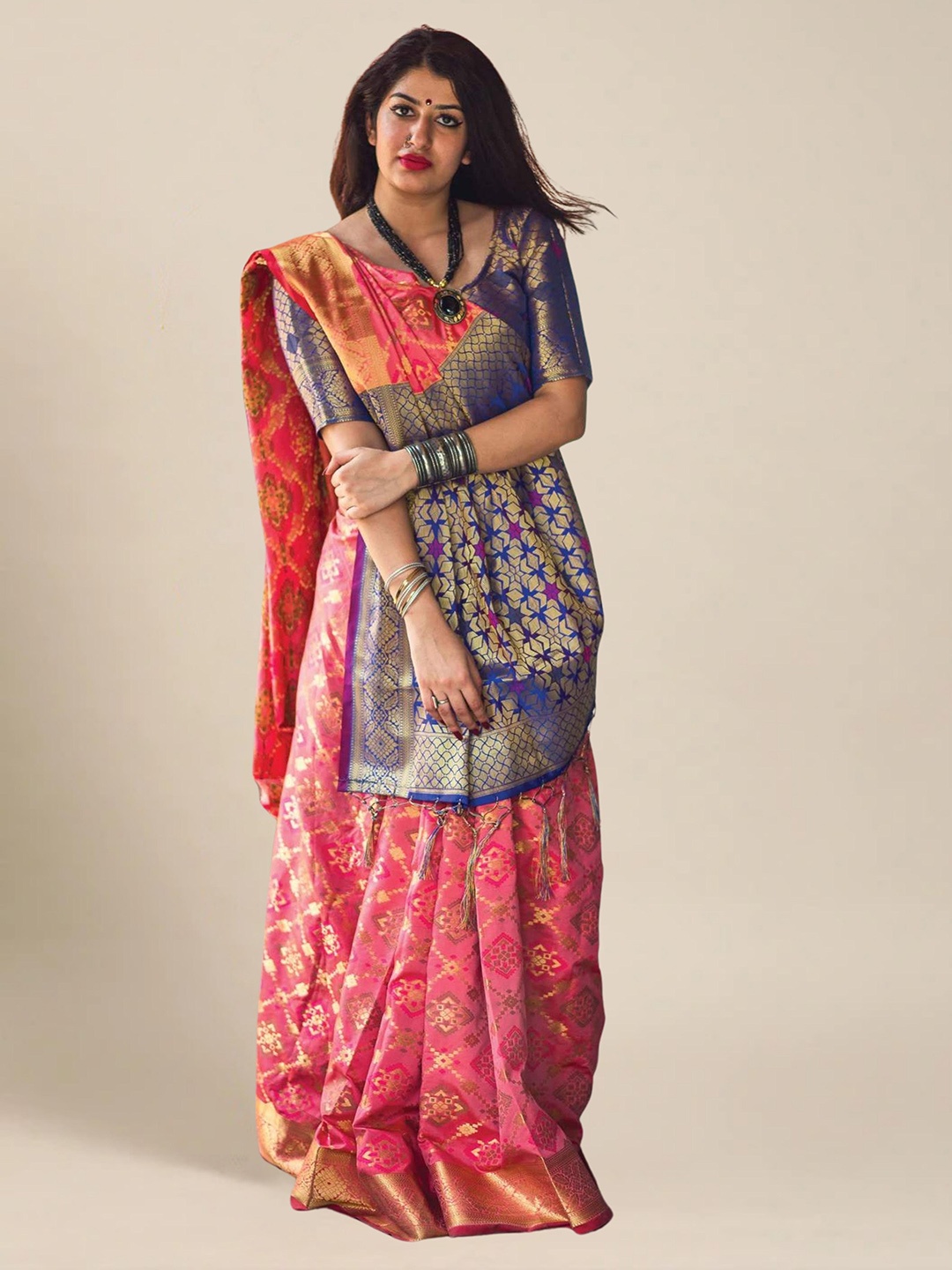 

MS RETAIL Pink & Blue Ethnic Motifs Zari Silk Blend Patola Saree
