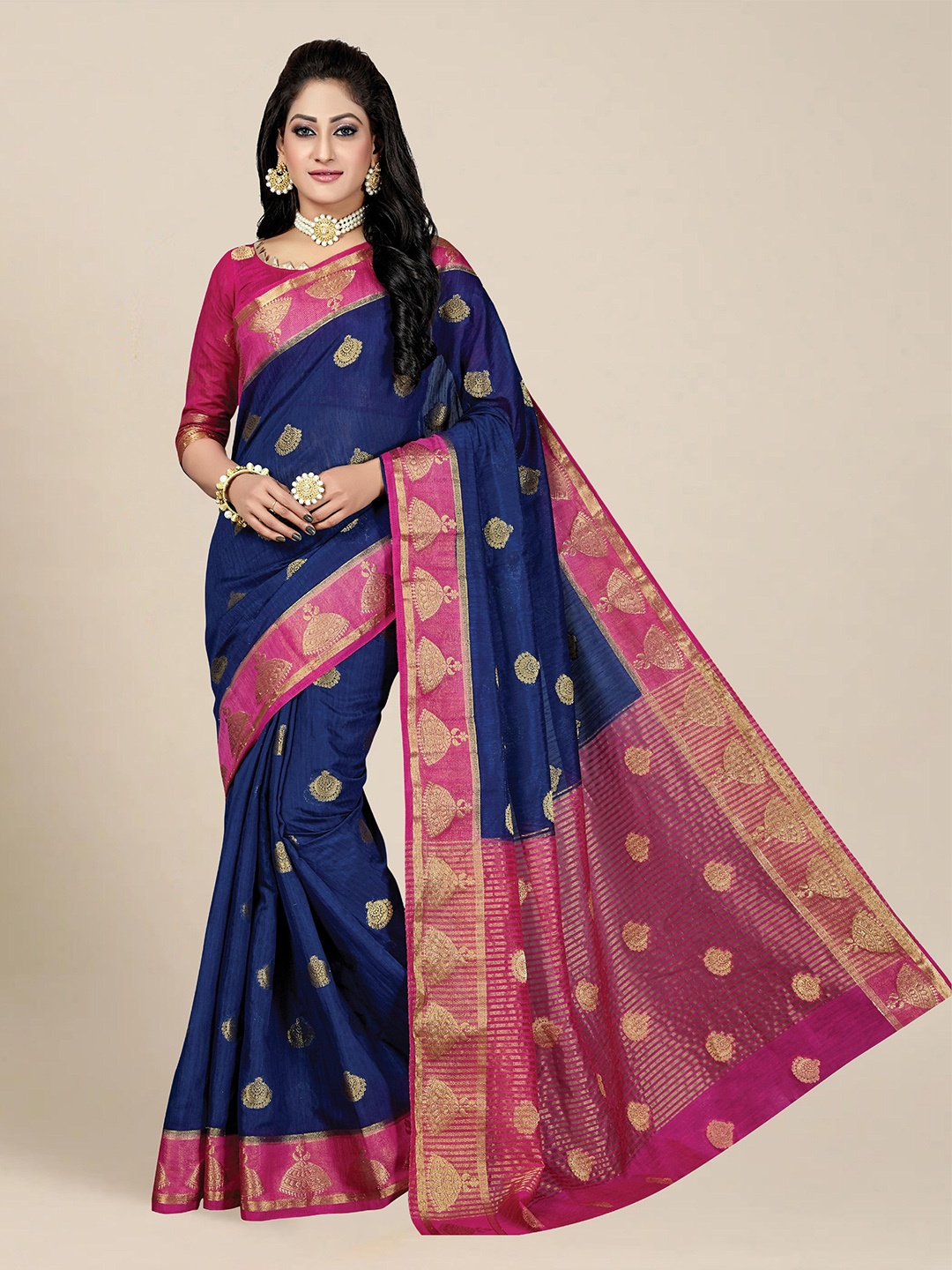 

MS RETAIL Navy Blue & Pink Woven Design Zari Silk Blend Kanjeevaram Saree