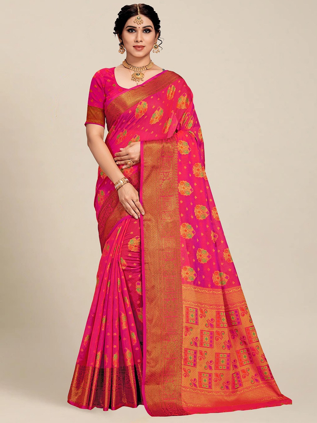 

MS RETAIL Pink & Green Woven Design Zari Pure Cotton Chanderi Saree