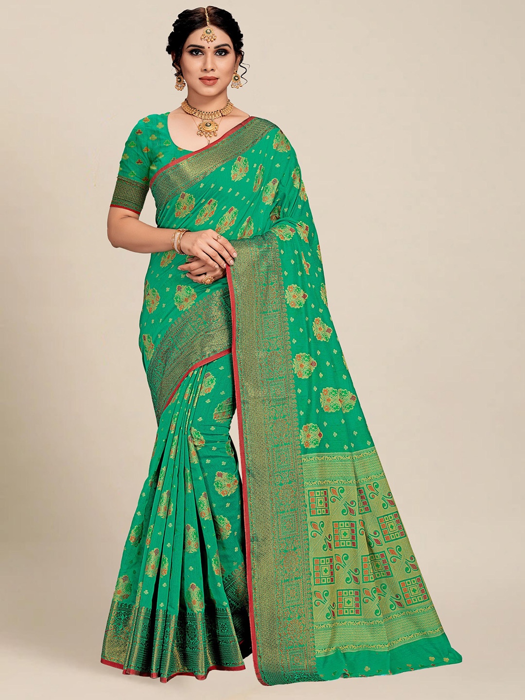 

MS RETAIL Sea Green & Maroon Woven Design Pure Cotton Chanderi Saree