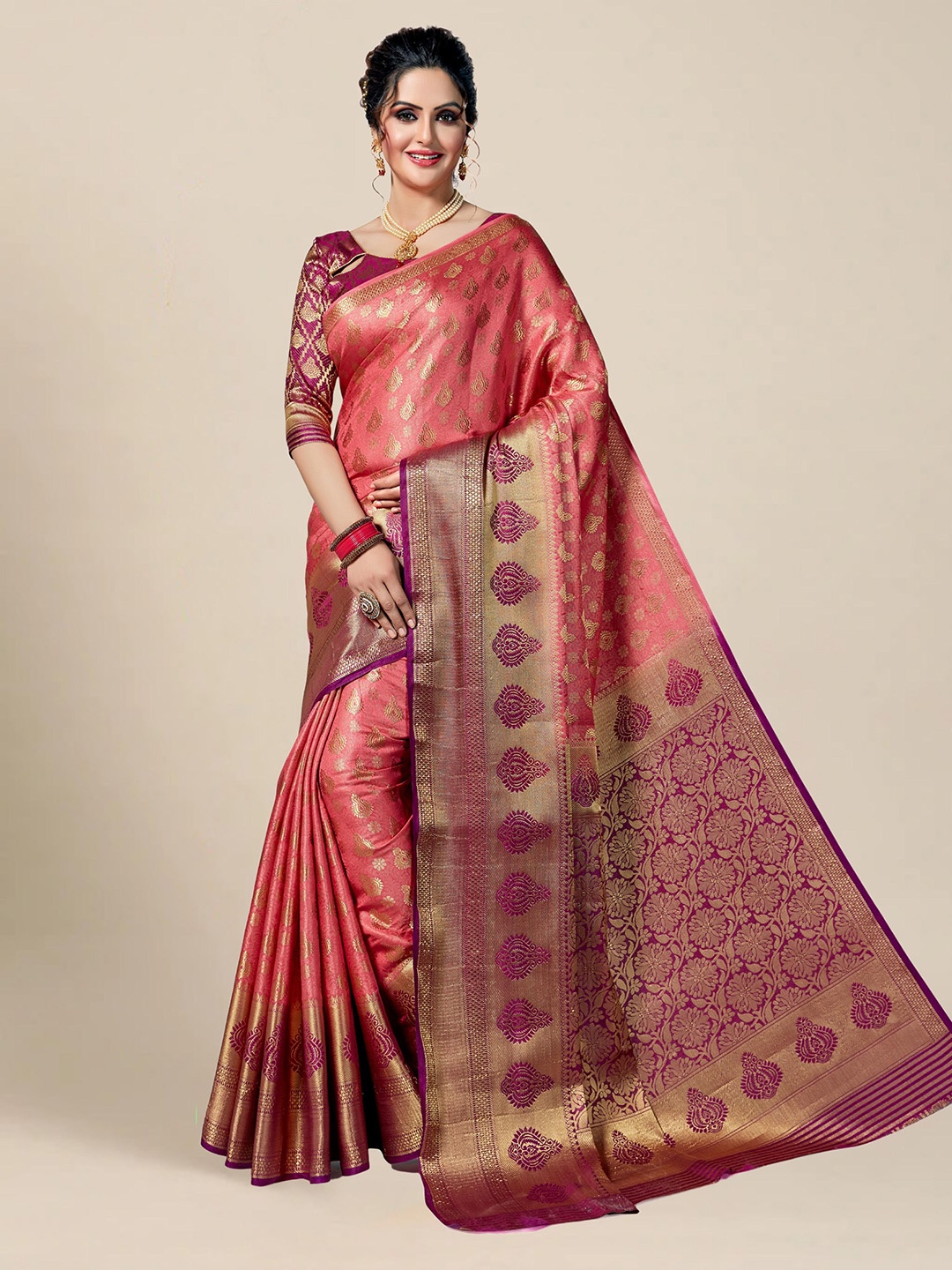 

MS RETAIL Pink & Pink Woven Design Zari Silk Blend Kanjeevaram Saree