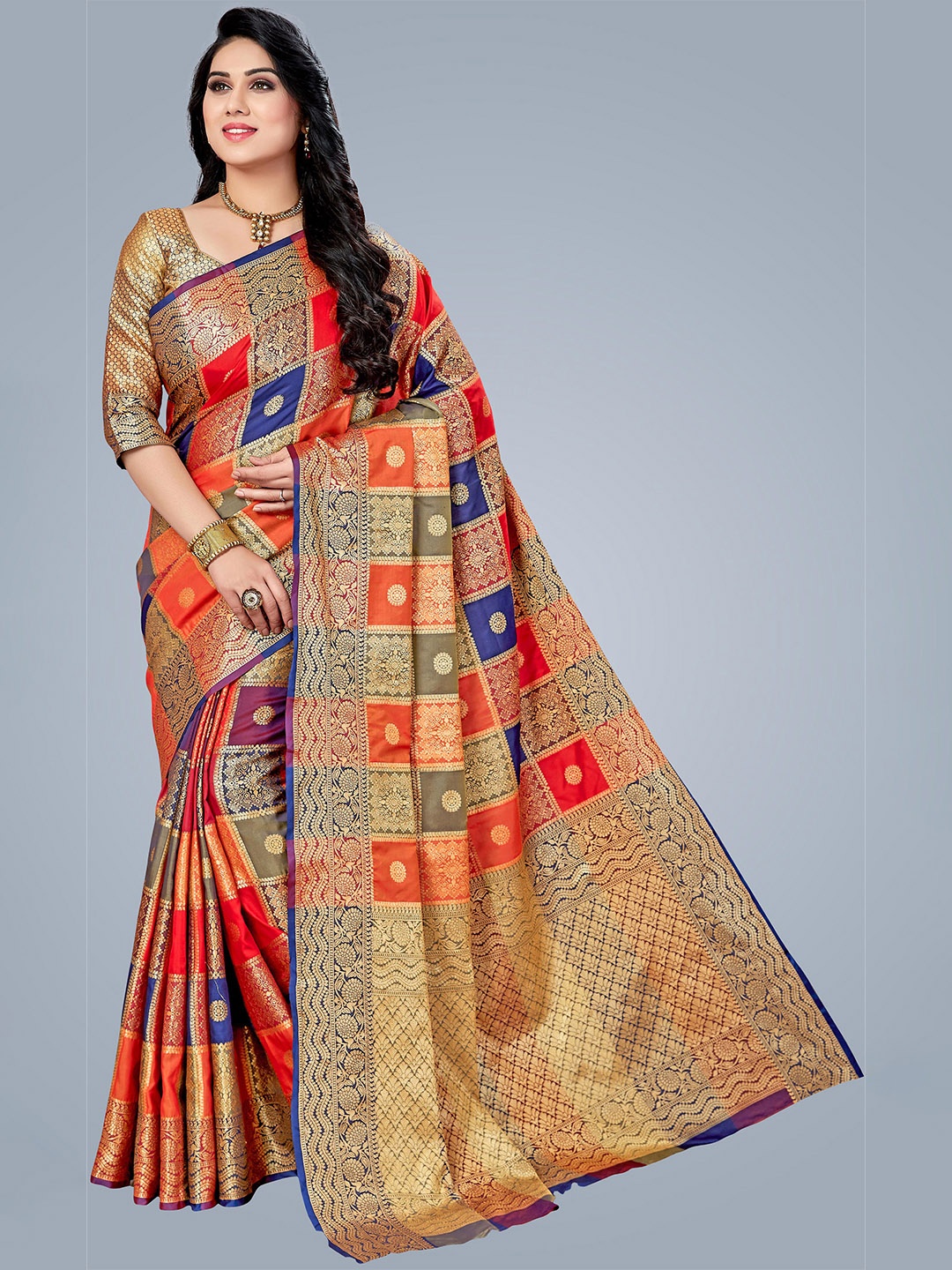 

MS RETAIL Multicoloured Checked Silk Blend Kanjeevaram Saree, Multi