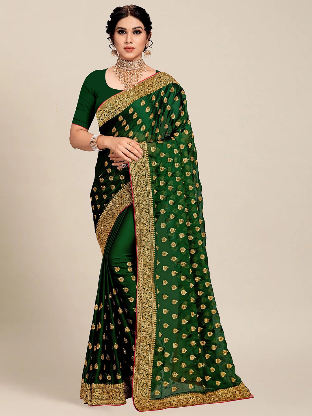 

MS RETAIL Green & Gold-Toned Floral Embroidered Silk Blend Saree