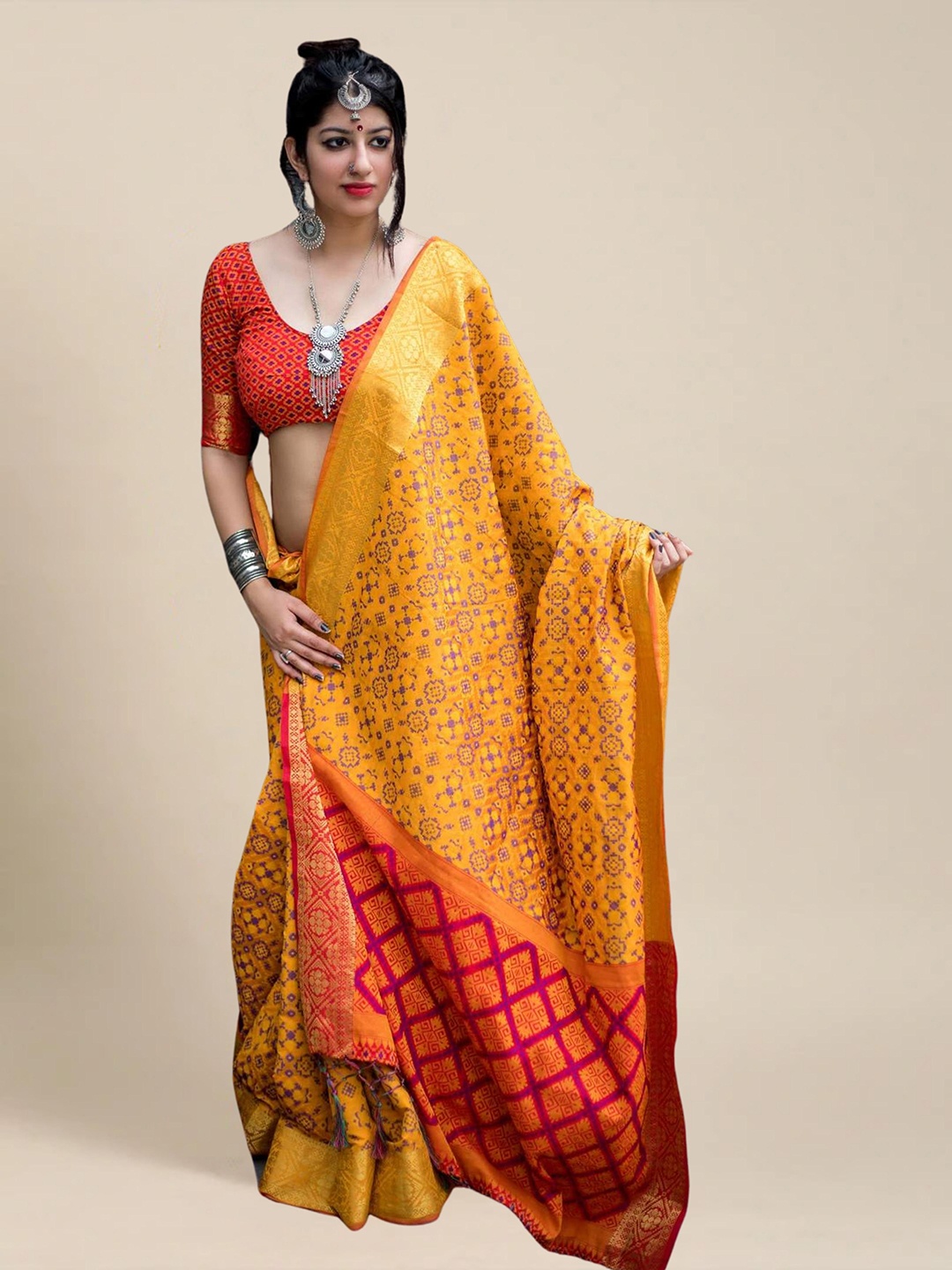 MS RETAIL Yellow & Pink Ethnic Motifs Zari Silk Blend Patola Saree