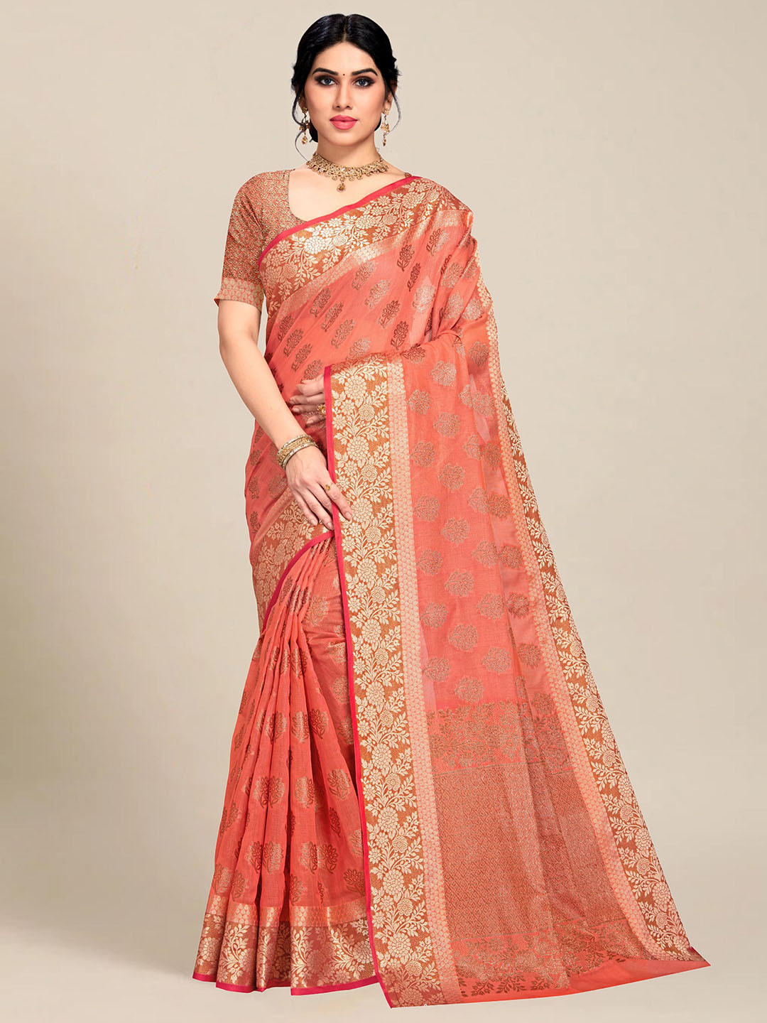 

MS RETAIL Orange Woven Design Pure Cotton Chanderi Saree