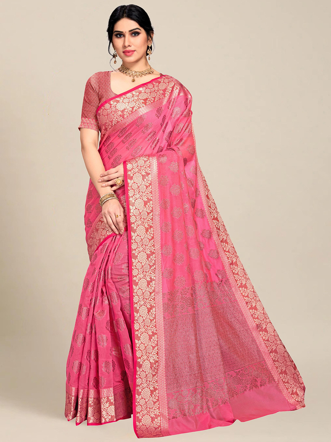 

MS RETAIL Pink Woven Design Pure Cotton Heavy Work Chanderi Saree