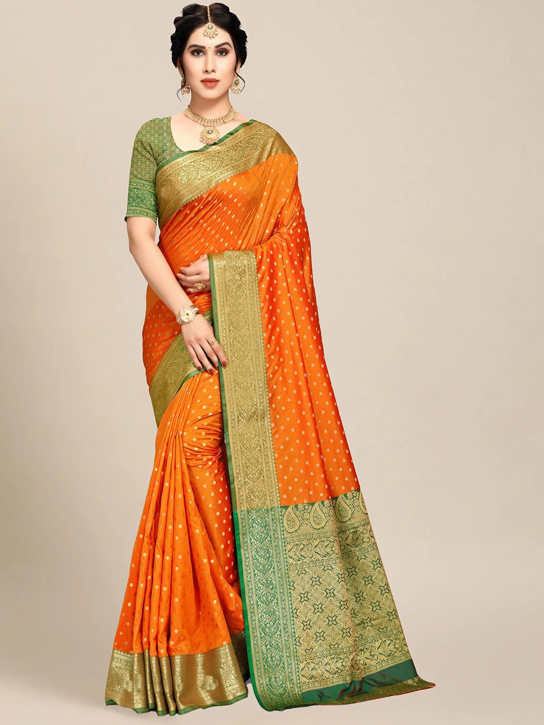 

MS RETAIL Mustard & Green Woven Design Zari Silk Blend Banarasi Saree