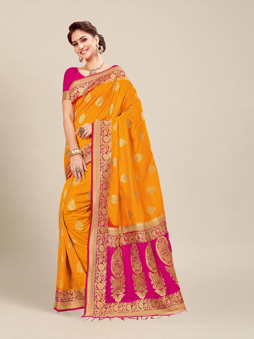 MS RETAIL Yellow & Pink Woven Design Zari Silk Blend Kanjeevaram Saree