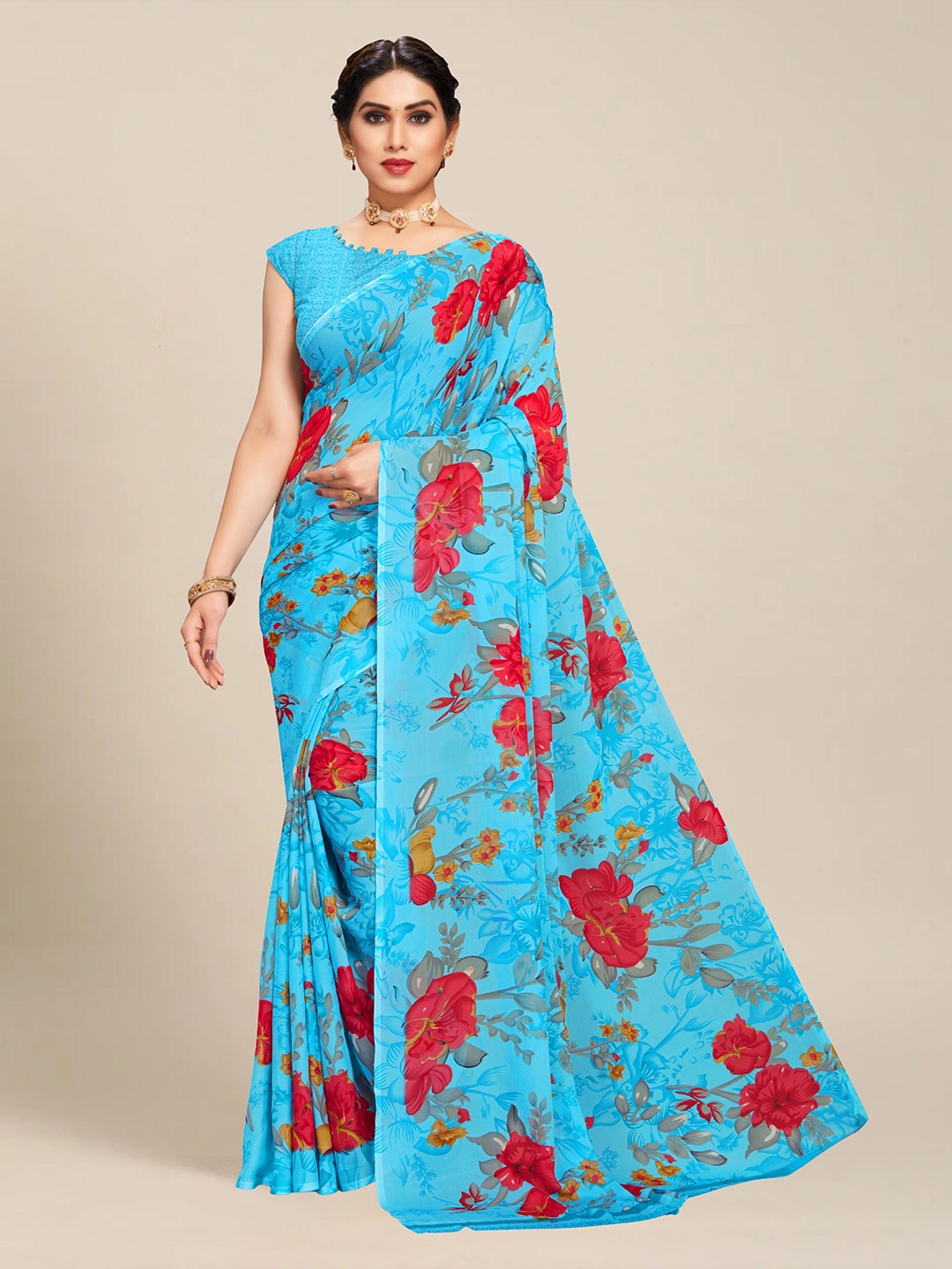 

MS RETAIL Blue & Red Floral Pure Georgette Block Print Saree