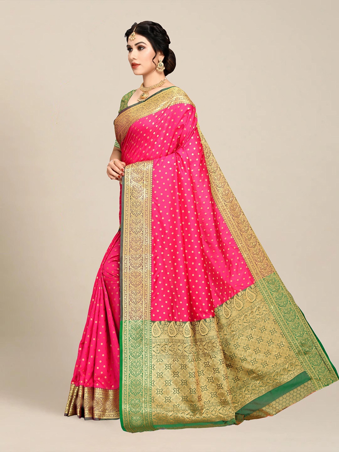 MS RETAIL Pink & Green Woven Design Zari Silk Blend Banarasi Saree