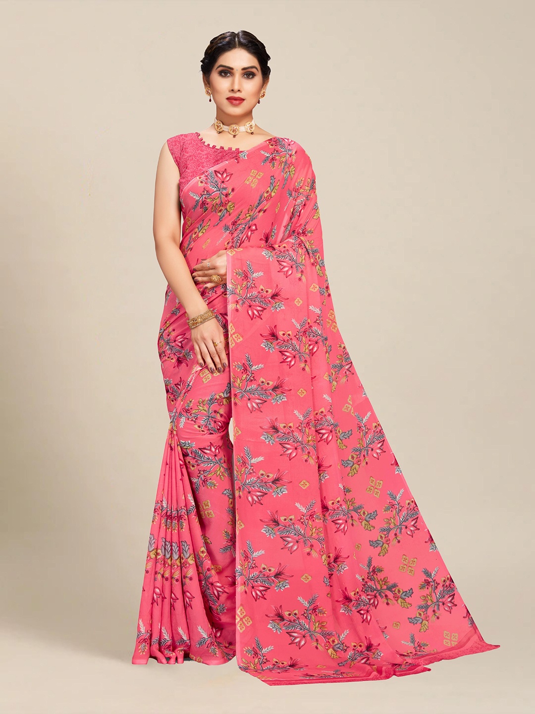 

MS RETAIL Pink & Grey Floral Pure Georgette Block Print Saree