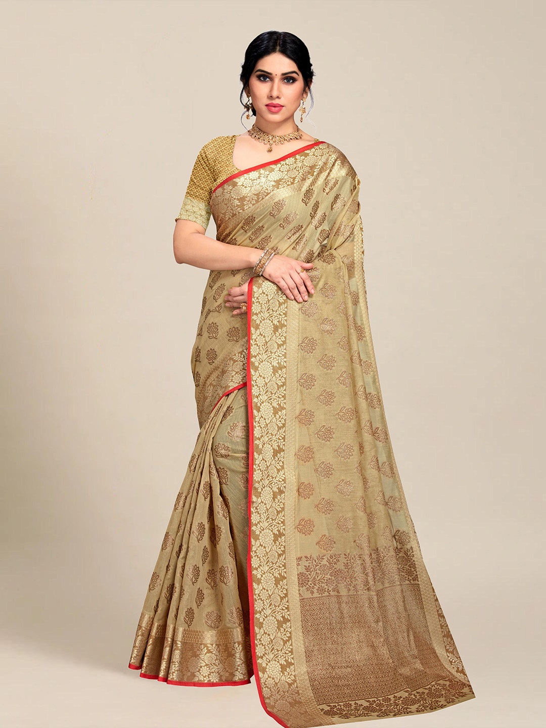 

MS RETAIL Camel Brown & Red Woven Design Zari Pure Cotton Chanderi Saree