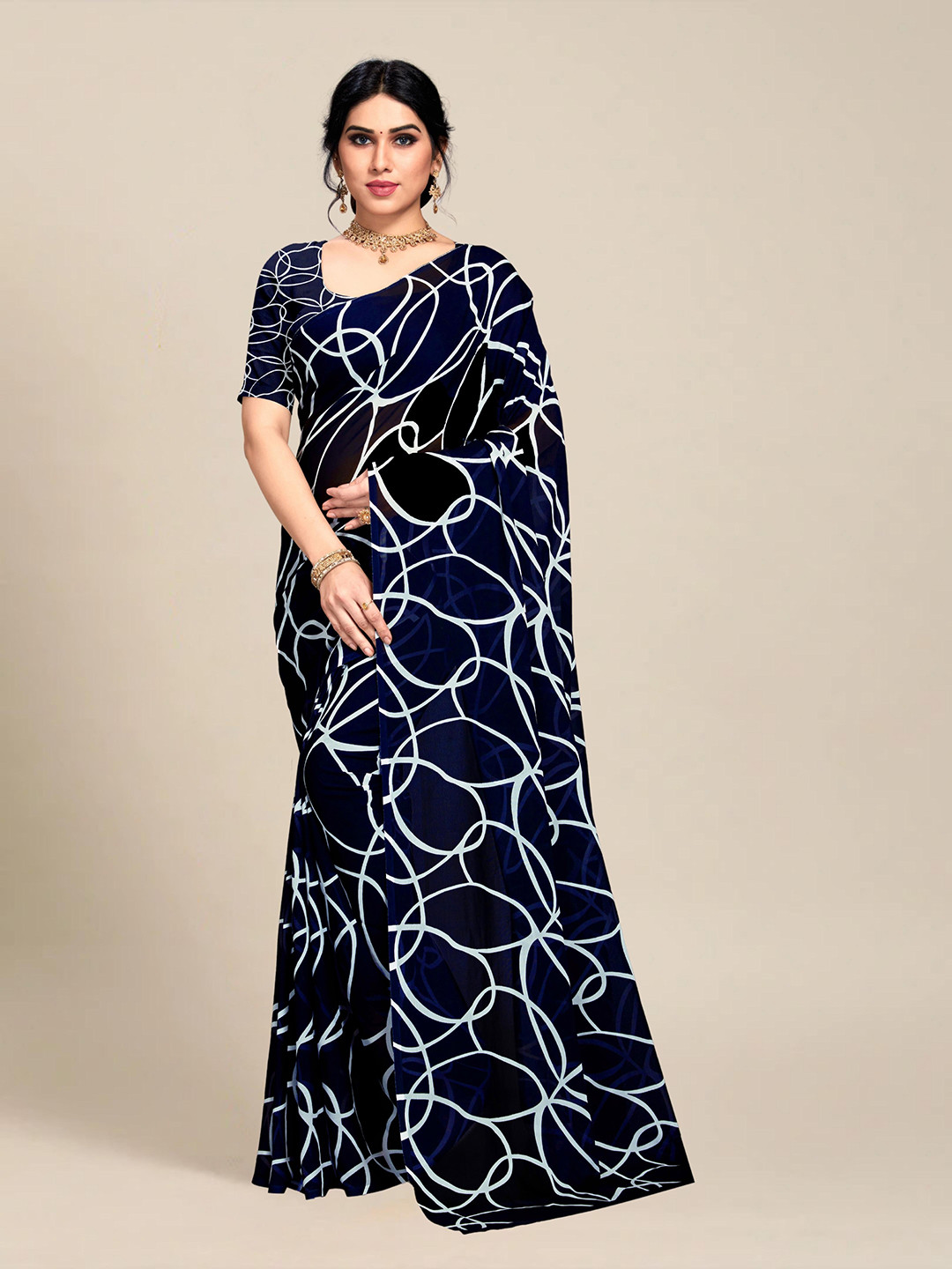 

MS RETAIL Navy Blue & White Pure Georgette Block Print Saree