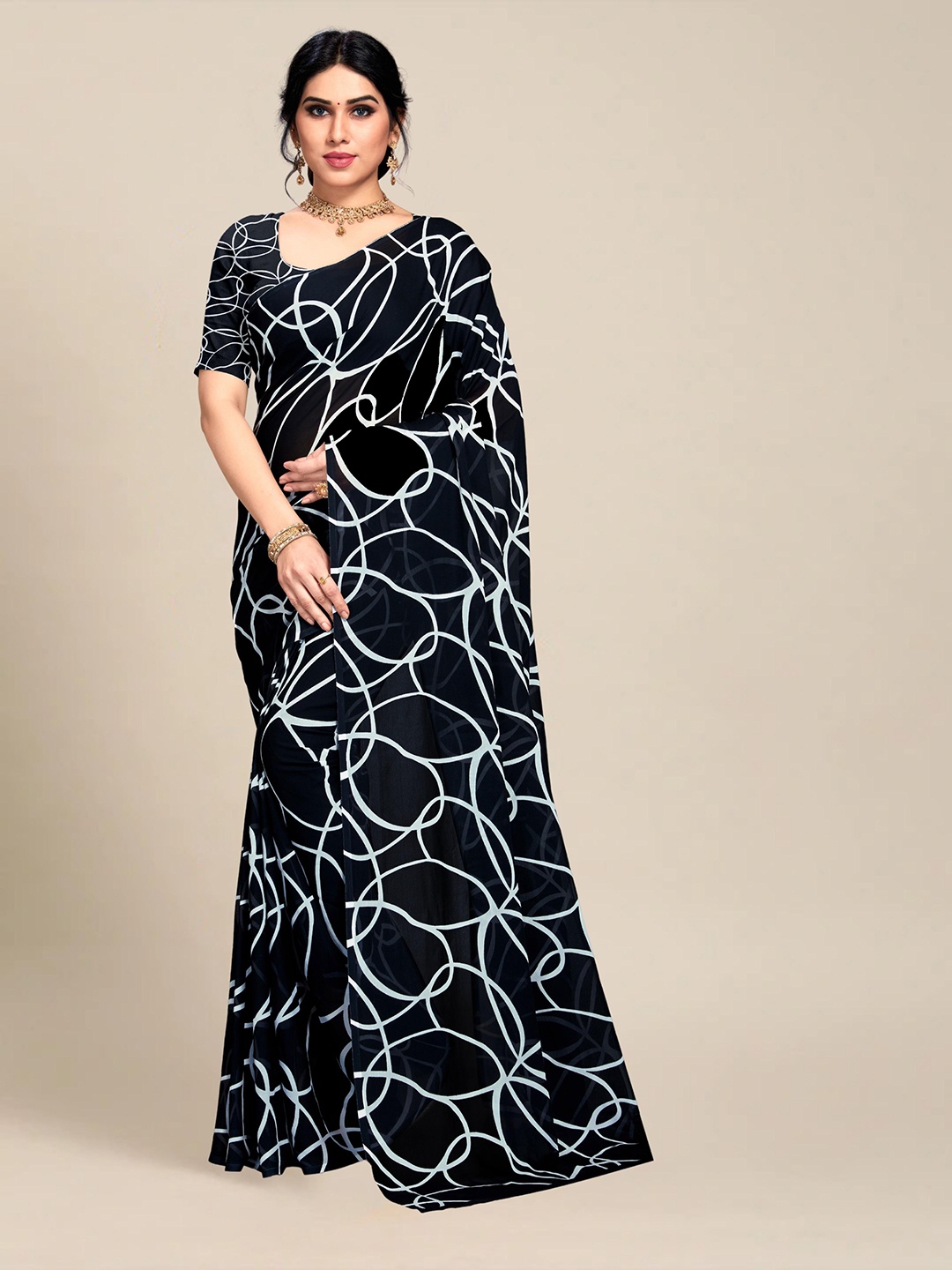 

MS RETAIL Black & White Pure Georgette Block Print Saree