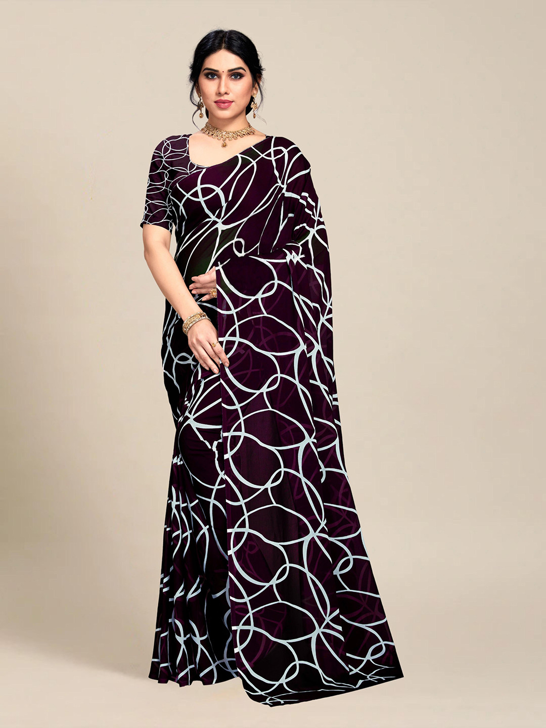

MS RETAIL Lavender & White Pure Georgette Block Print Saree