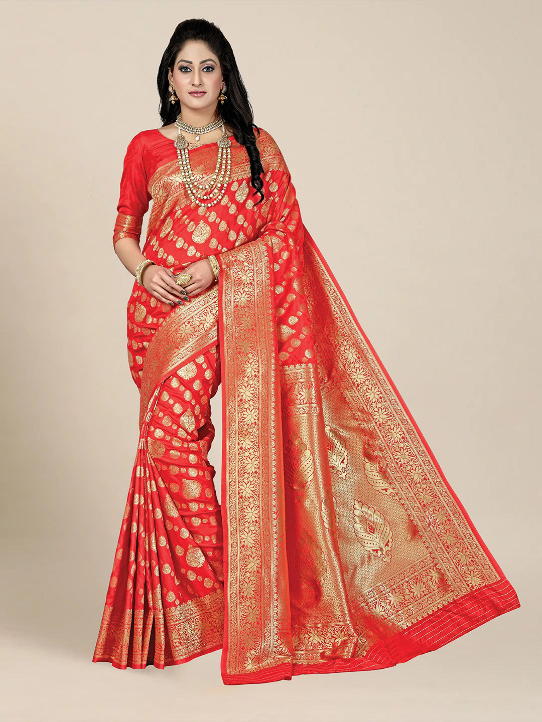 

MS RETAIL Red & Gold-Toned Woven Design Zari Silk Blend Banarasi Saree