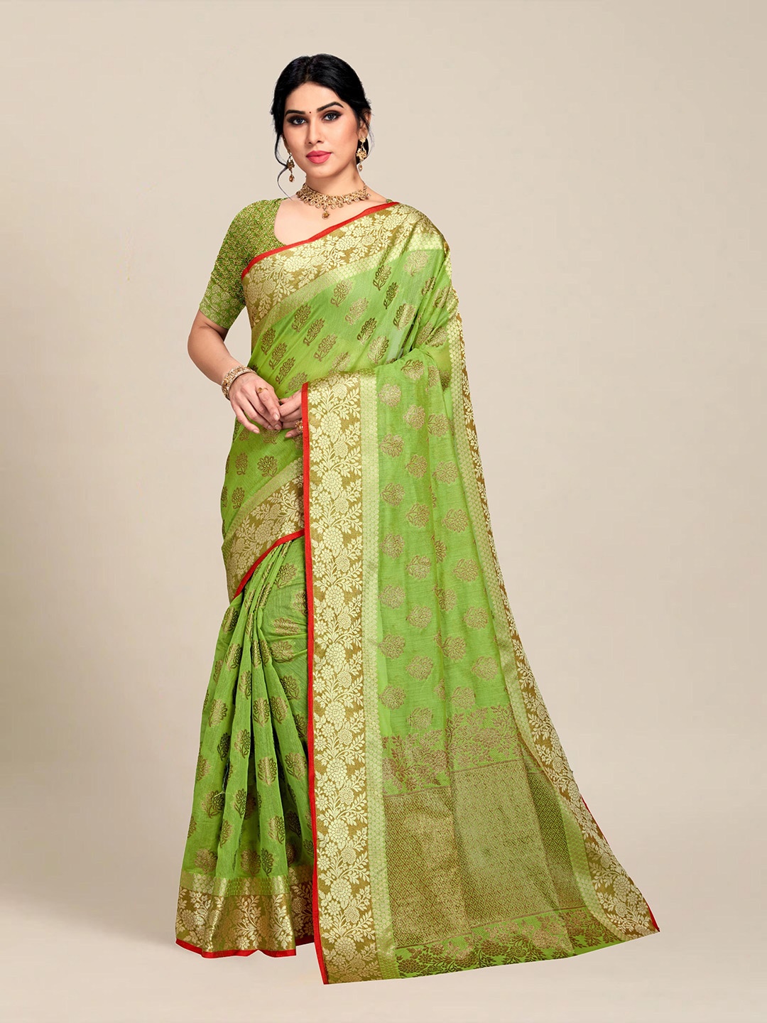 

MS RETAIL Lime Green & Gold-Toned Woven Design Pure Cotton Chanderi Saree